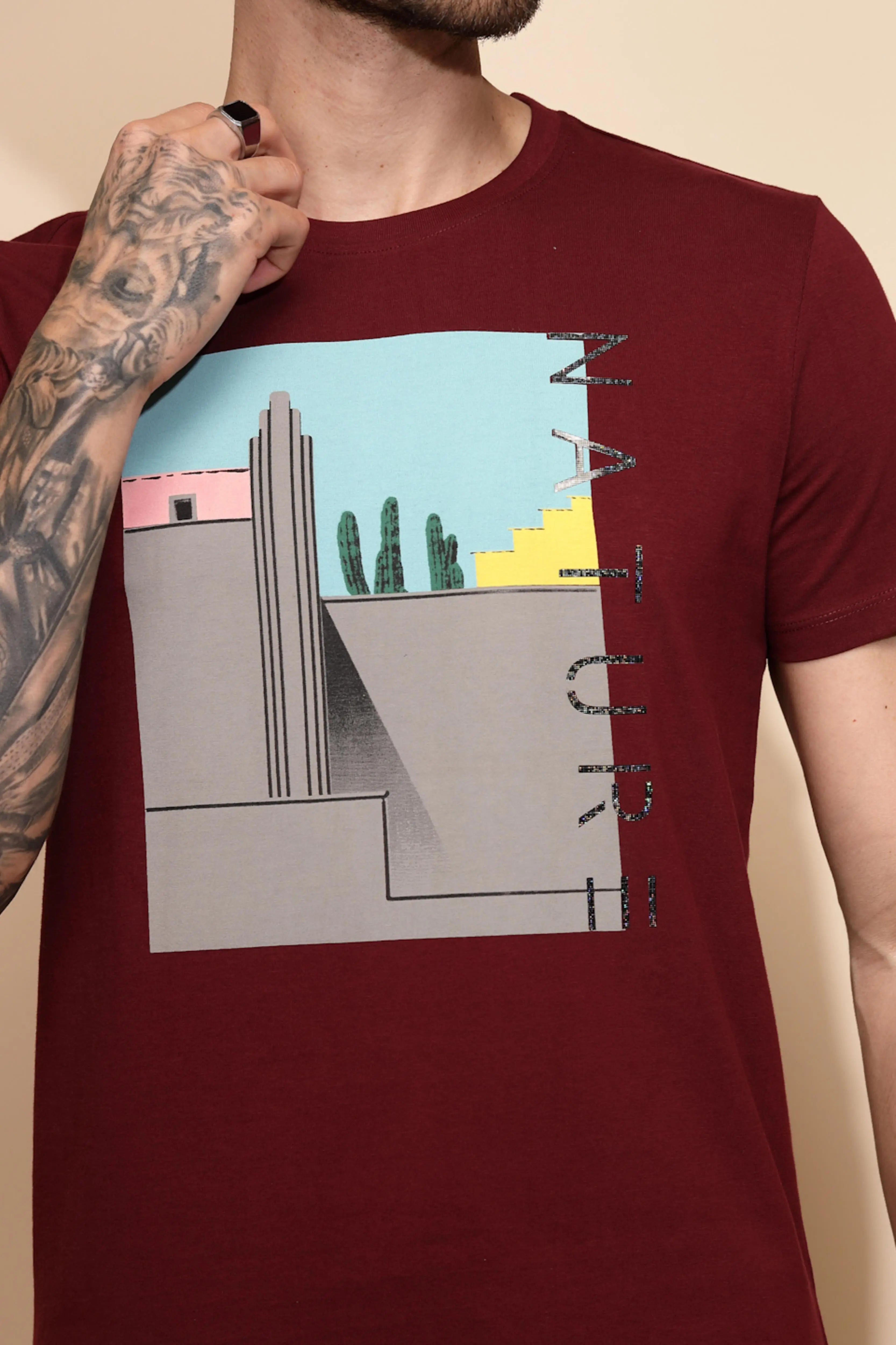 Maroon Cotton Regular Fit T-Shirt - Global Republic