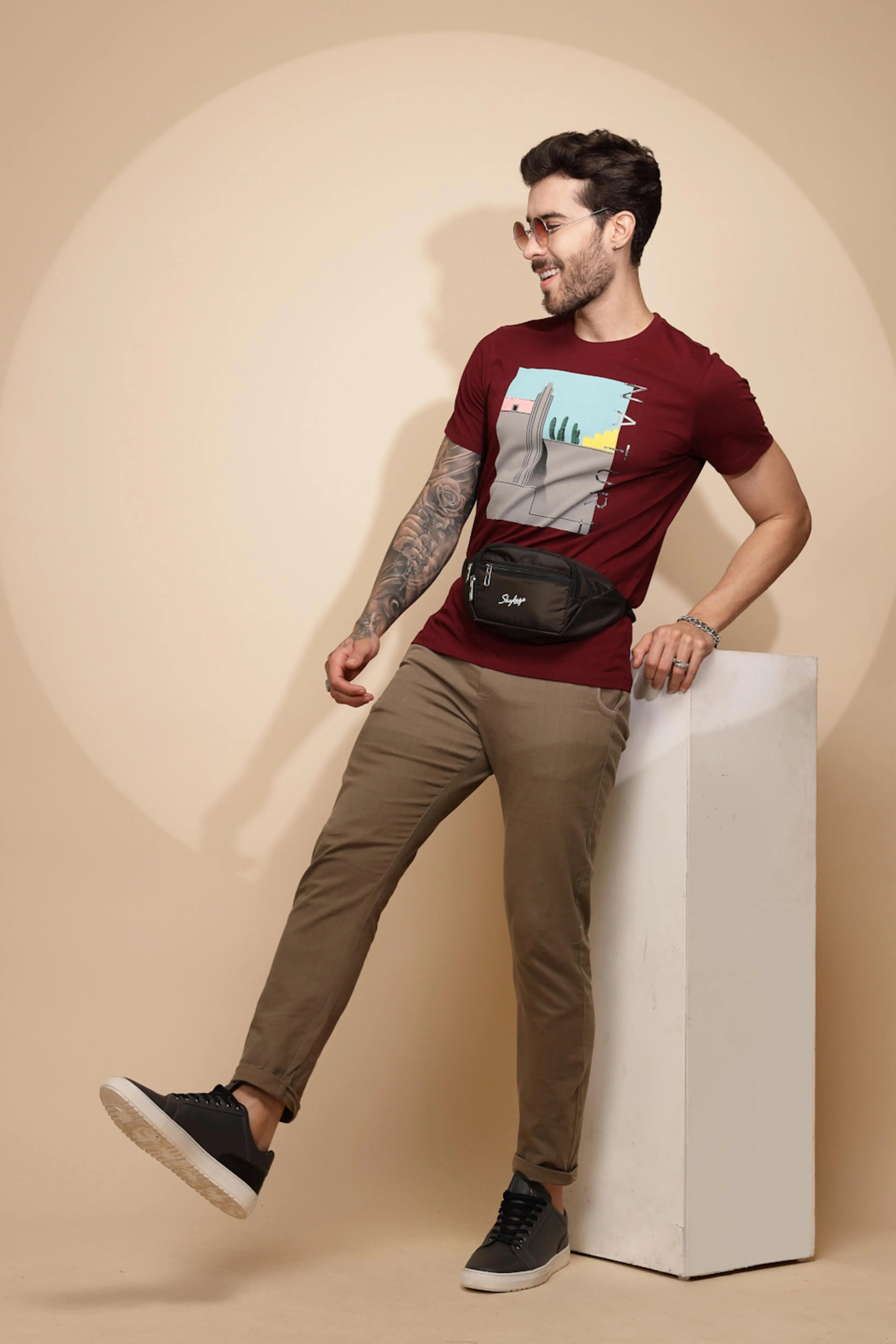 Maroon Cotton Regular Fit T-Shirt - Global Republic