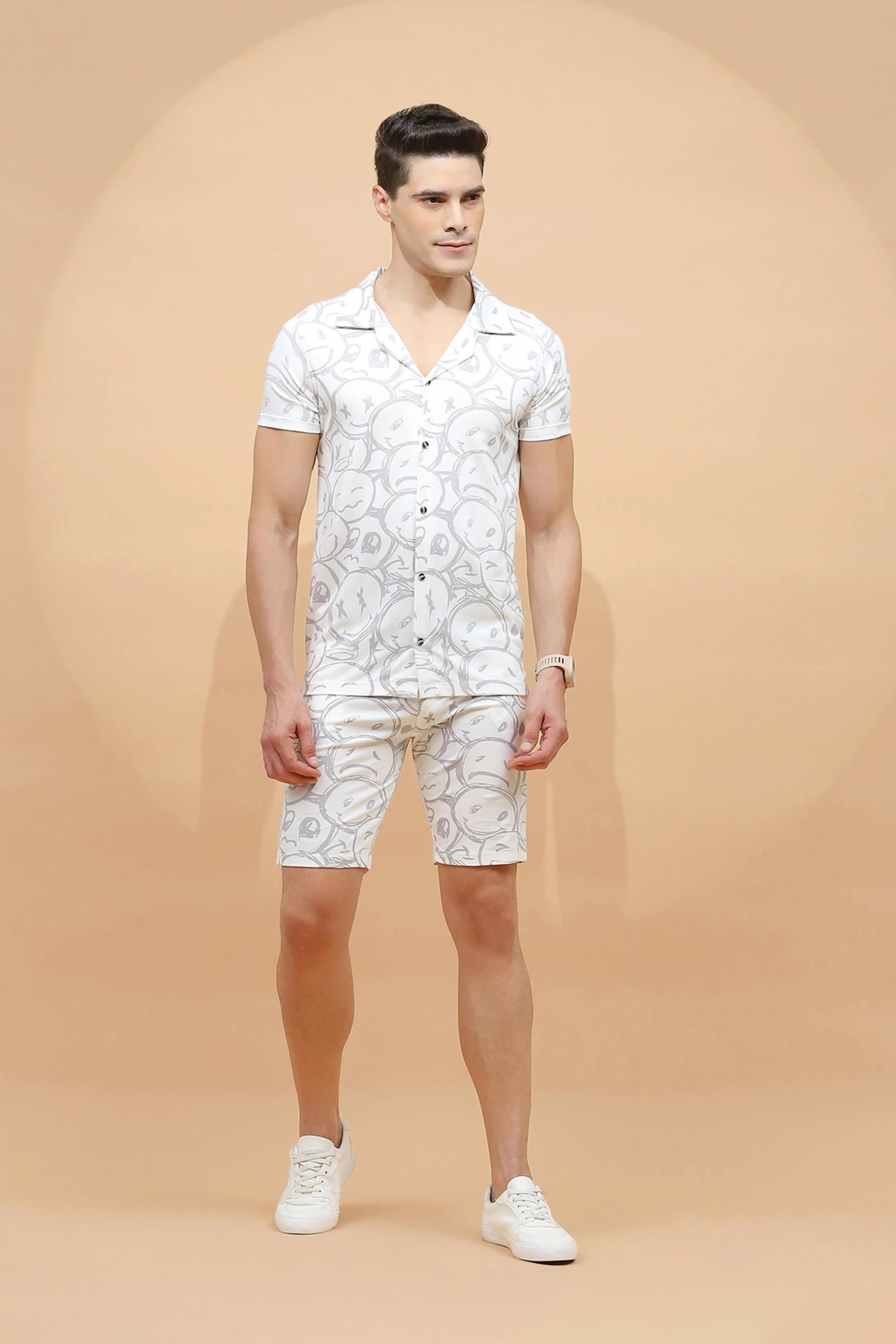White Viscose Blend Regular Fit Shorts Set For Men - Global Republic