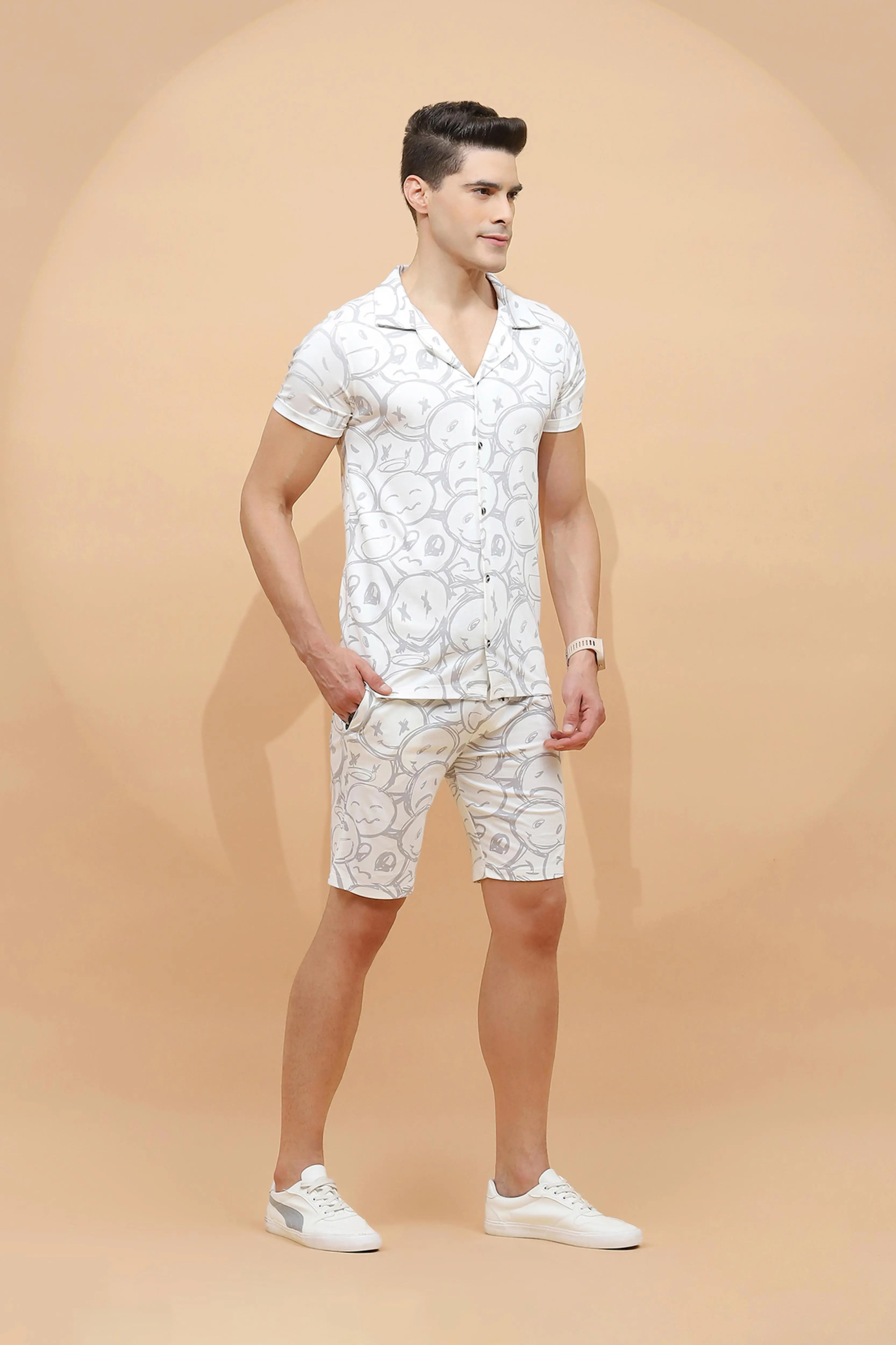White Viscose Blend Regular Fit Shorts Set For Men - Global Republic