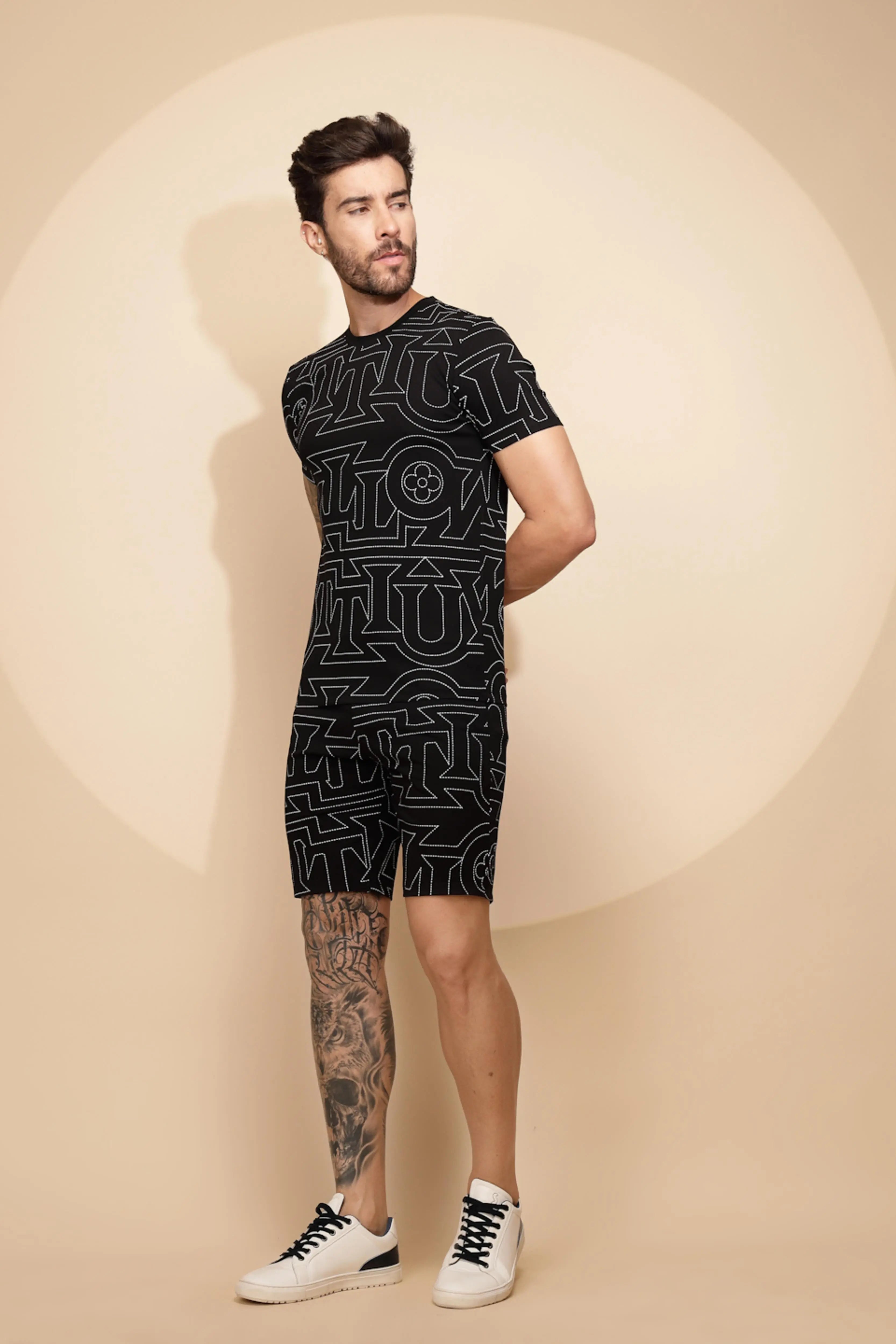 Black Viscose Blend Regular Fit Shorts Set For Men - Global Republic