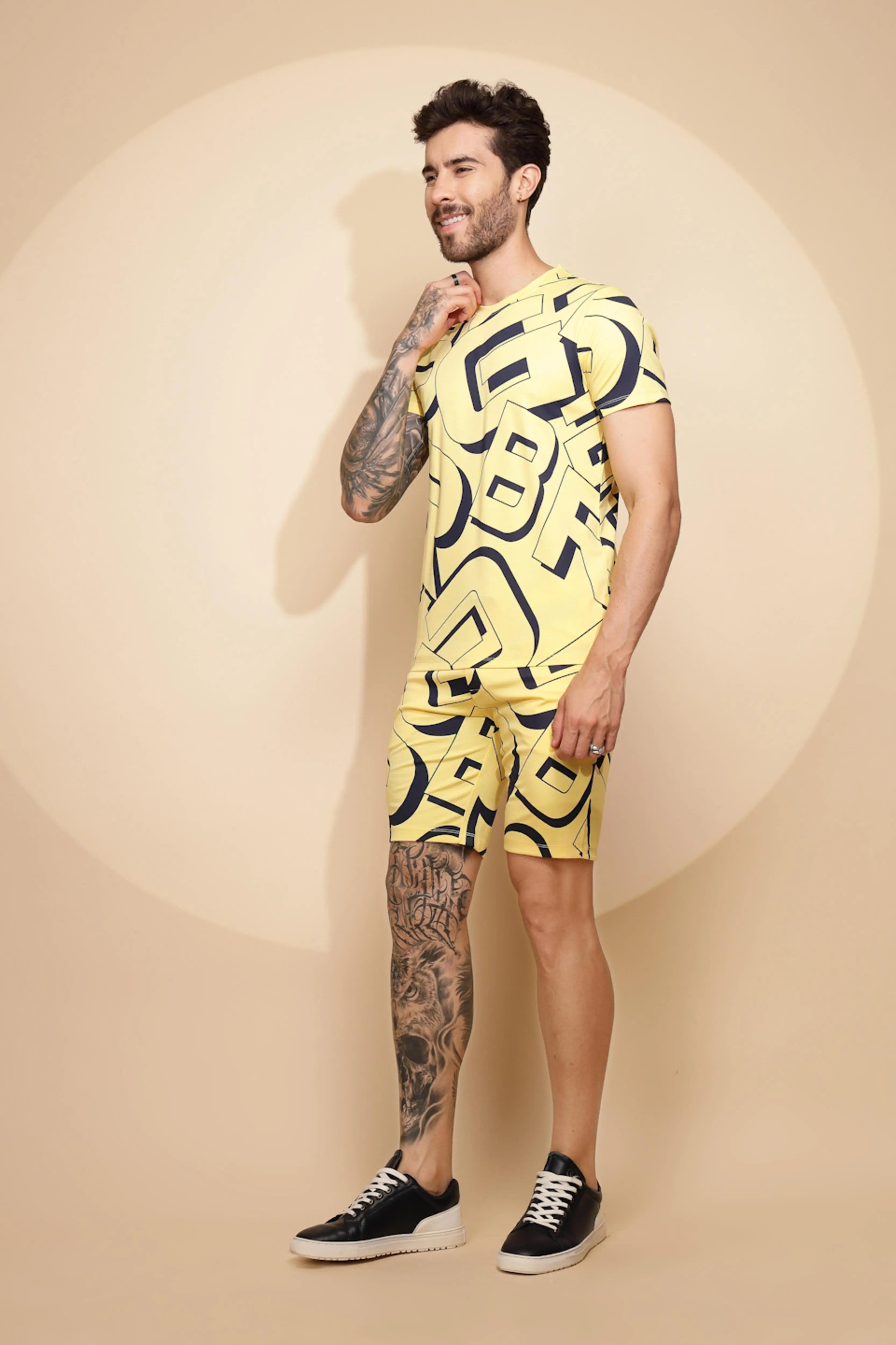 Yellow Viscose Blend Regular Fit Shorts Set For Men - Global Republic