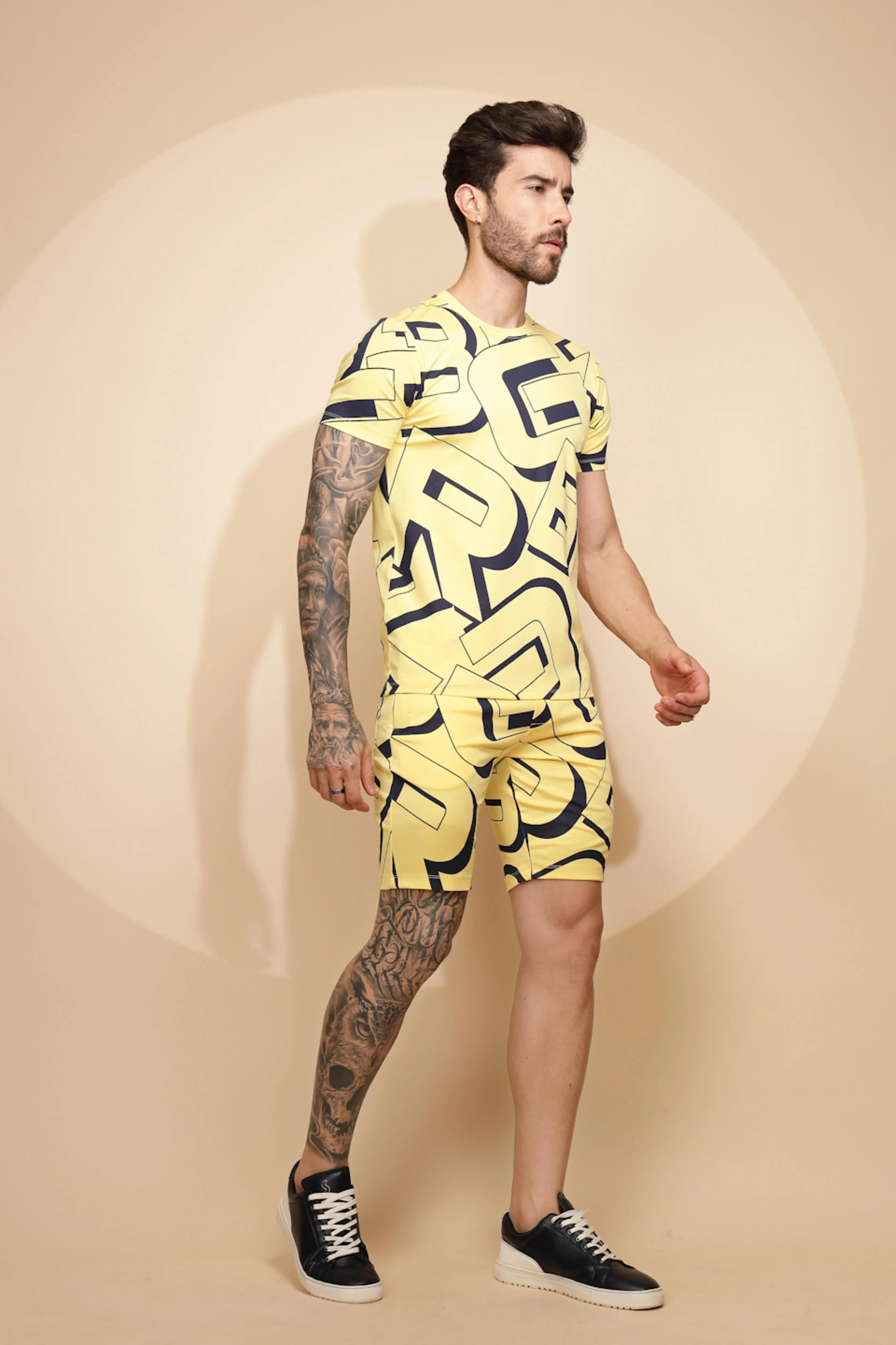 Yellow Viscose Blend Regular Fit Shorts Set For Men - Global Republic