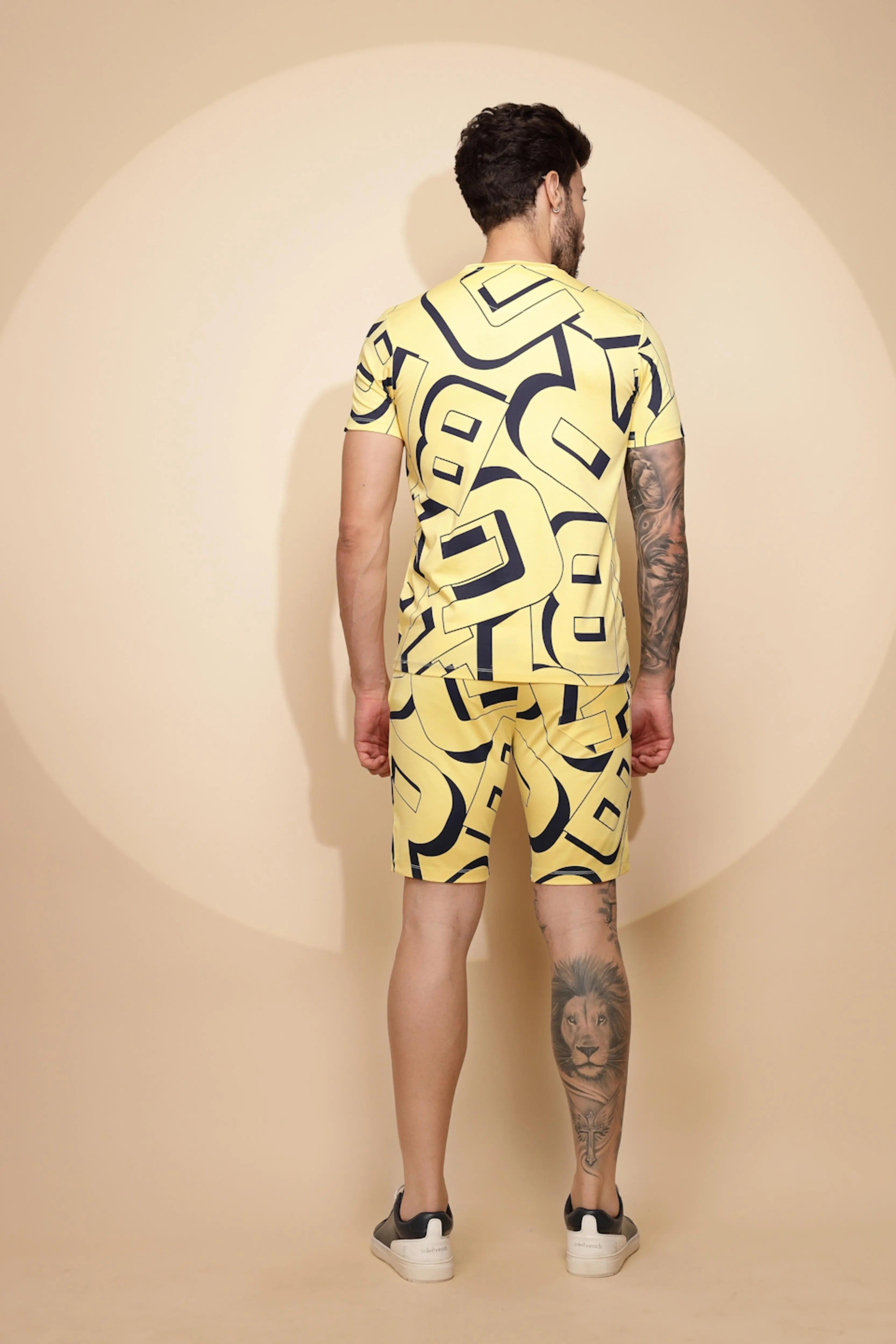 Yellow Viscose Blend Regular Fit Shorts Set For Men - Global Republic