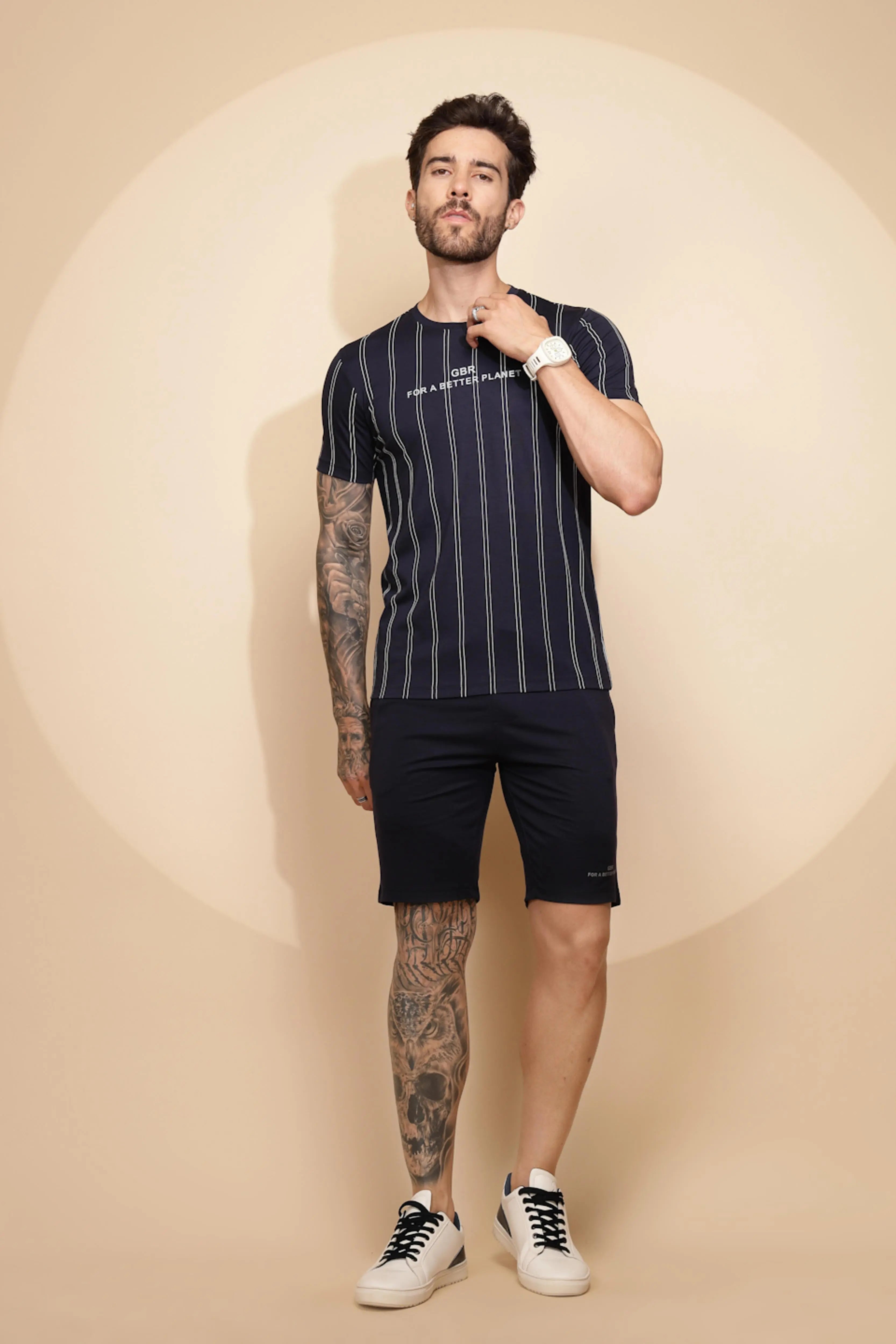 Navy Blue Viscose Blend Regular Fit Shorts Set For Men - Global Republic