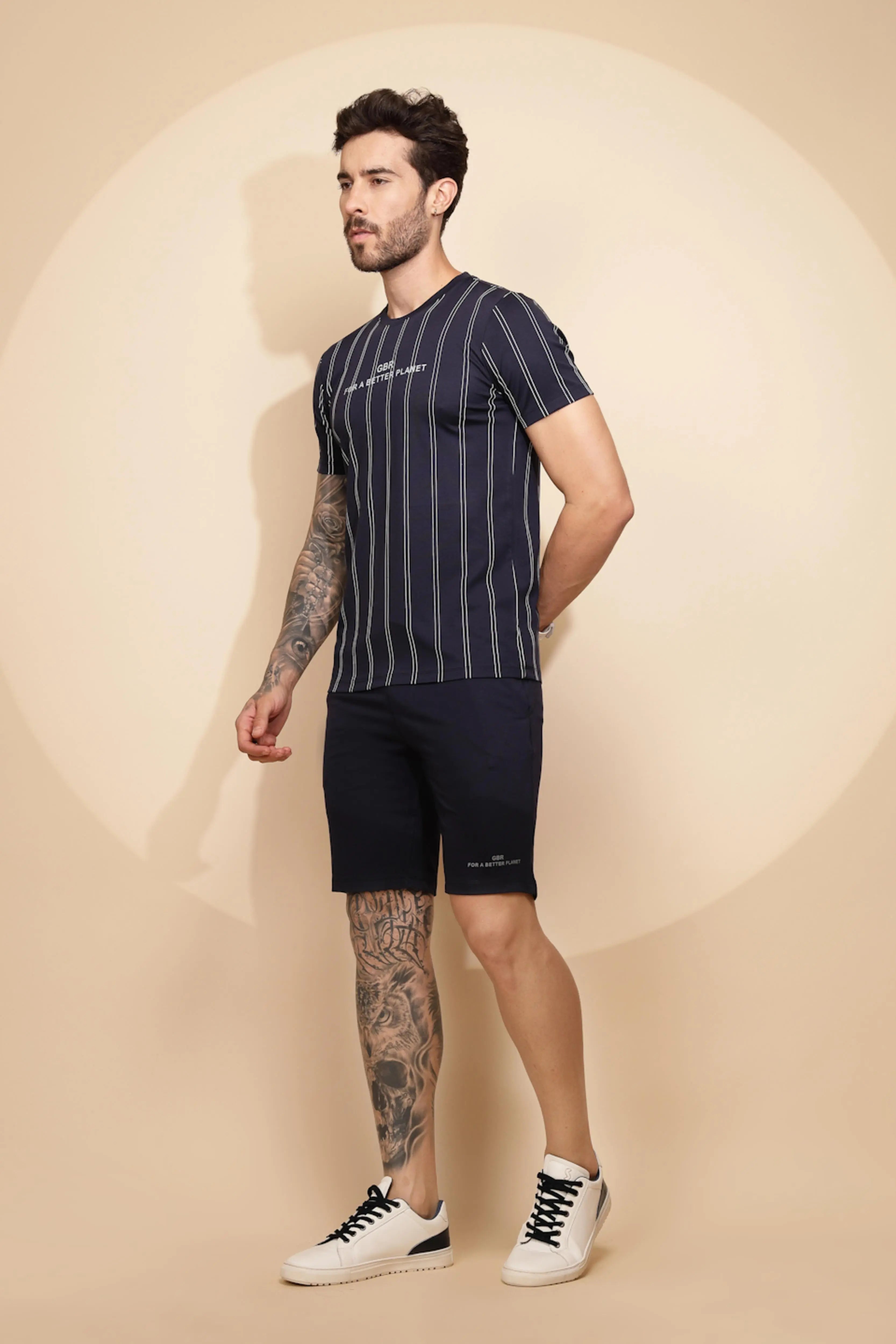 Navy Blue Viscose Blend Regular Fit Shorts Set For Men - Global Republic