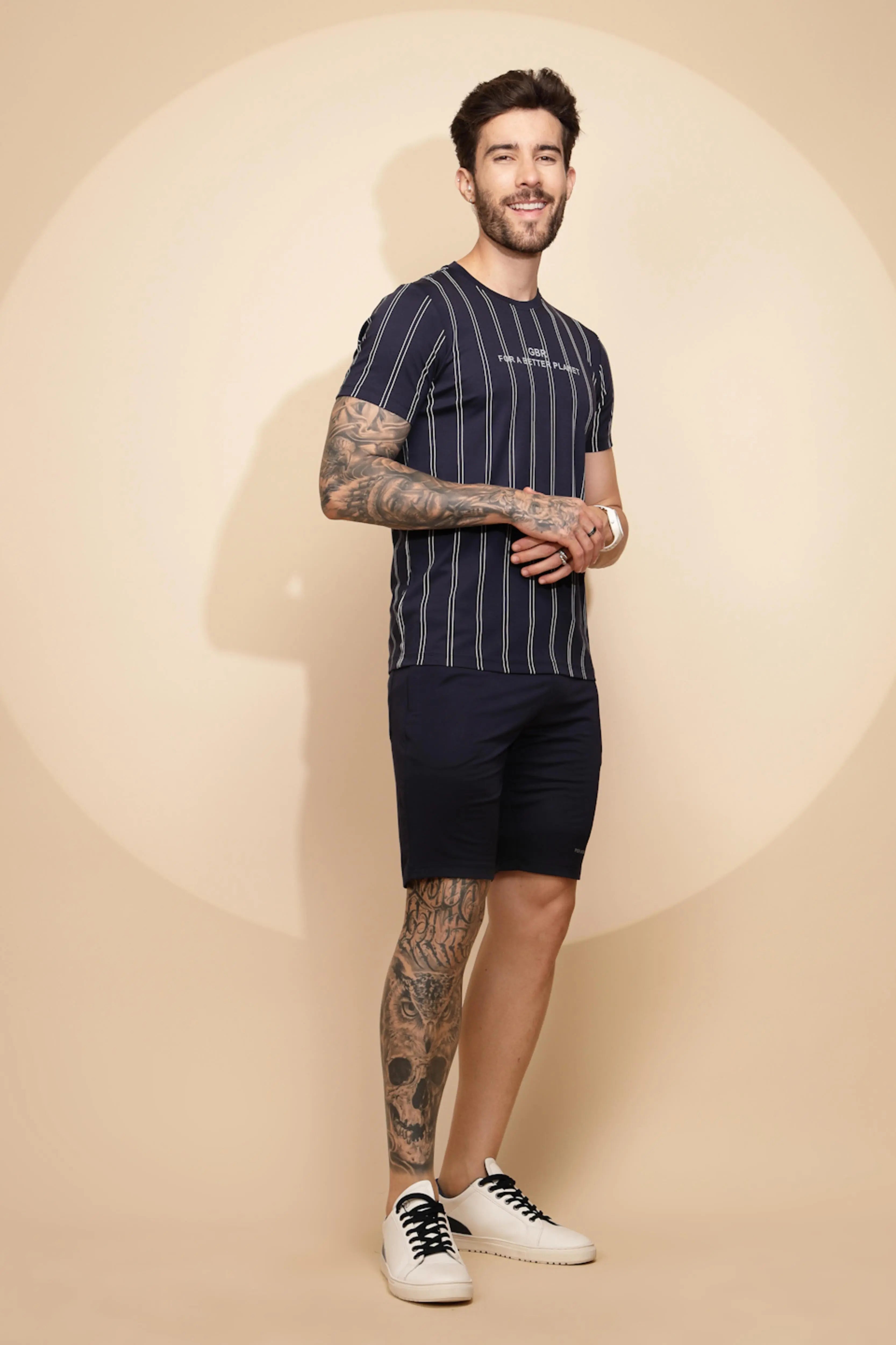 Navy Blue Viscose Blend Regular Fit Shorts Set For Men - Global Republic
