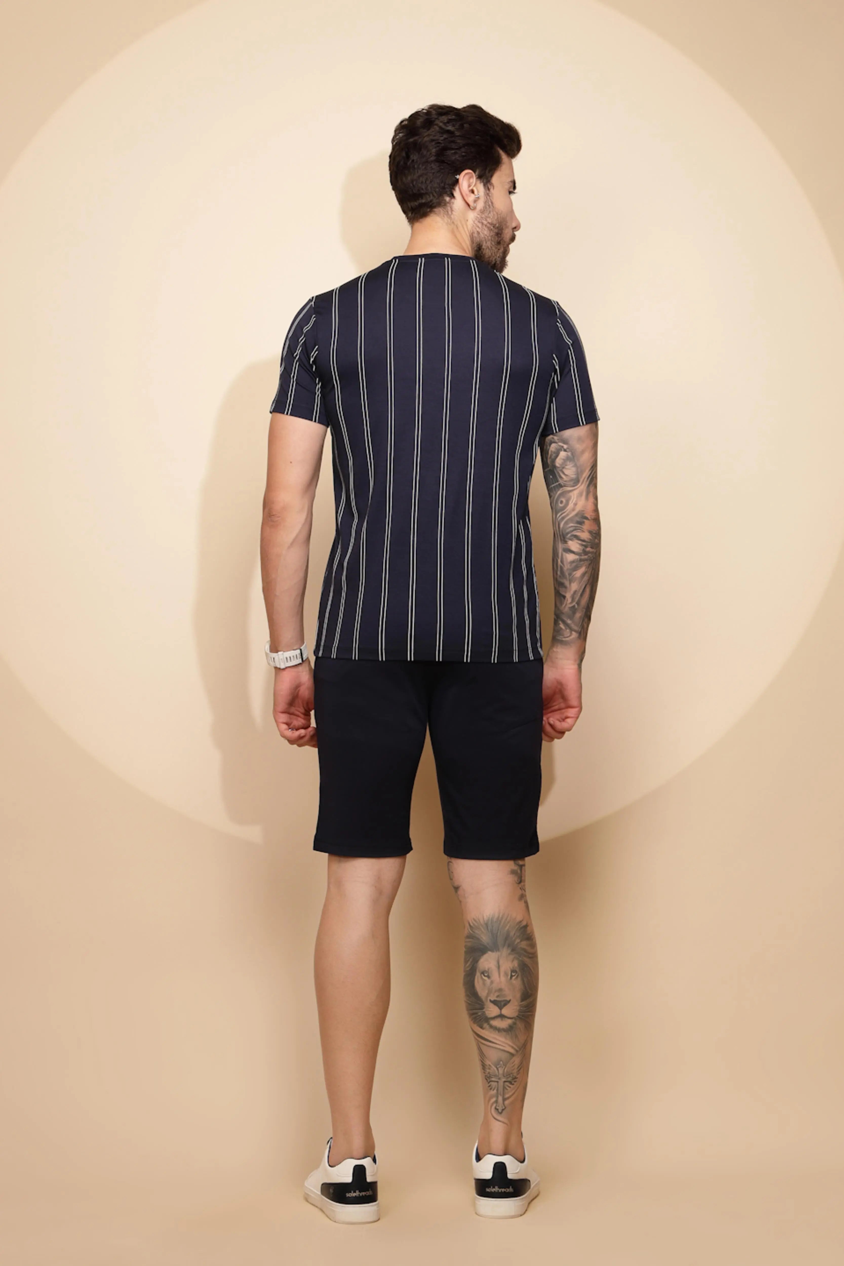 Navy Blue Viscose Blend Regular Fit Shorts Set For Men - Global Republic
