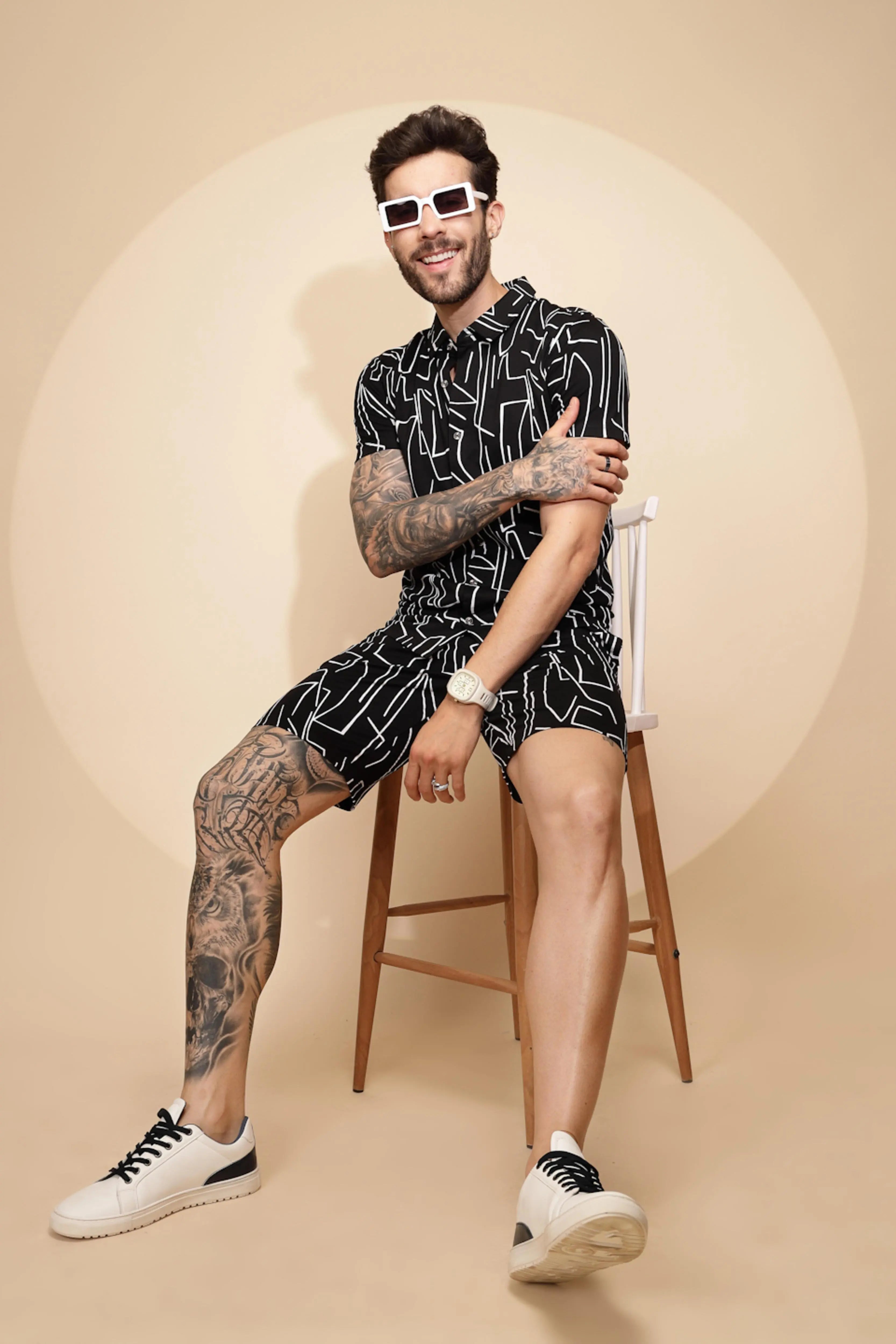 Black Viscose Blend Regular Fit Shorts Set - Global Republic