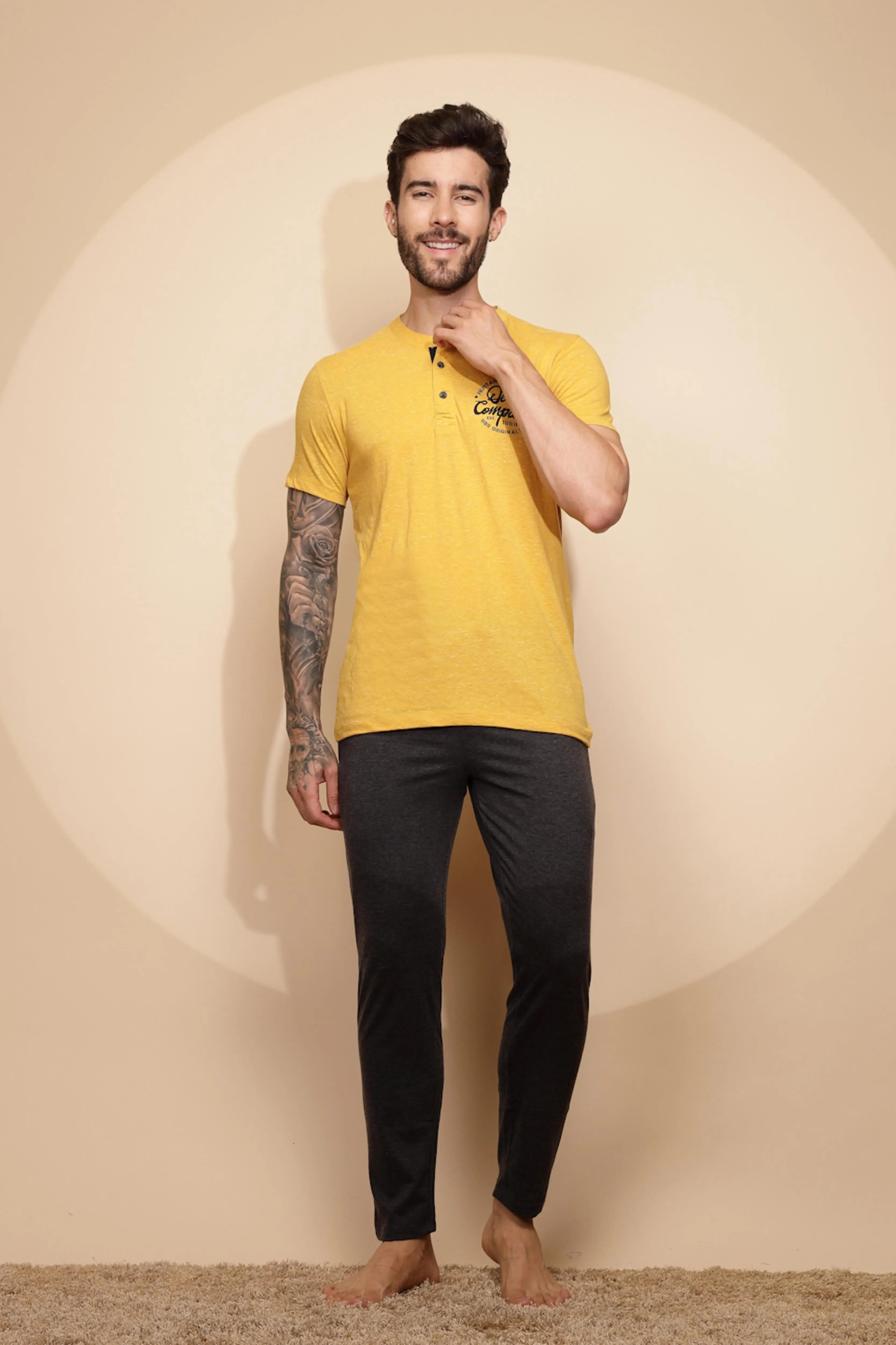 Yellow Cotton Slim Fit Night Suit Set - Global Republic
