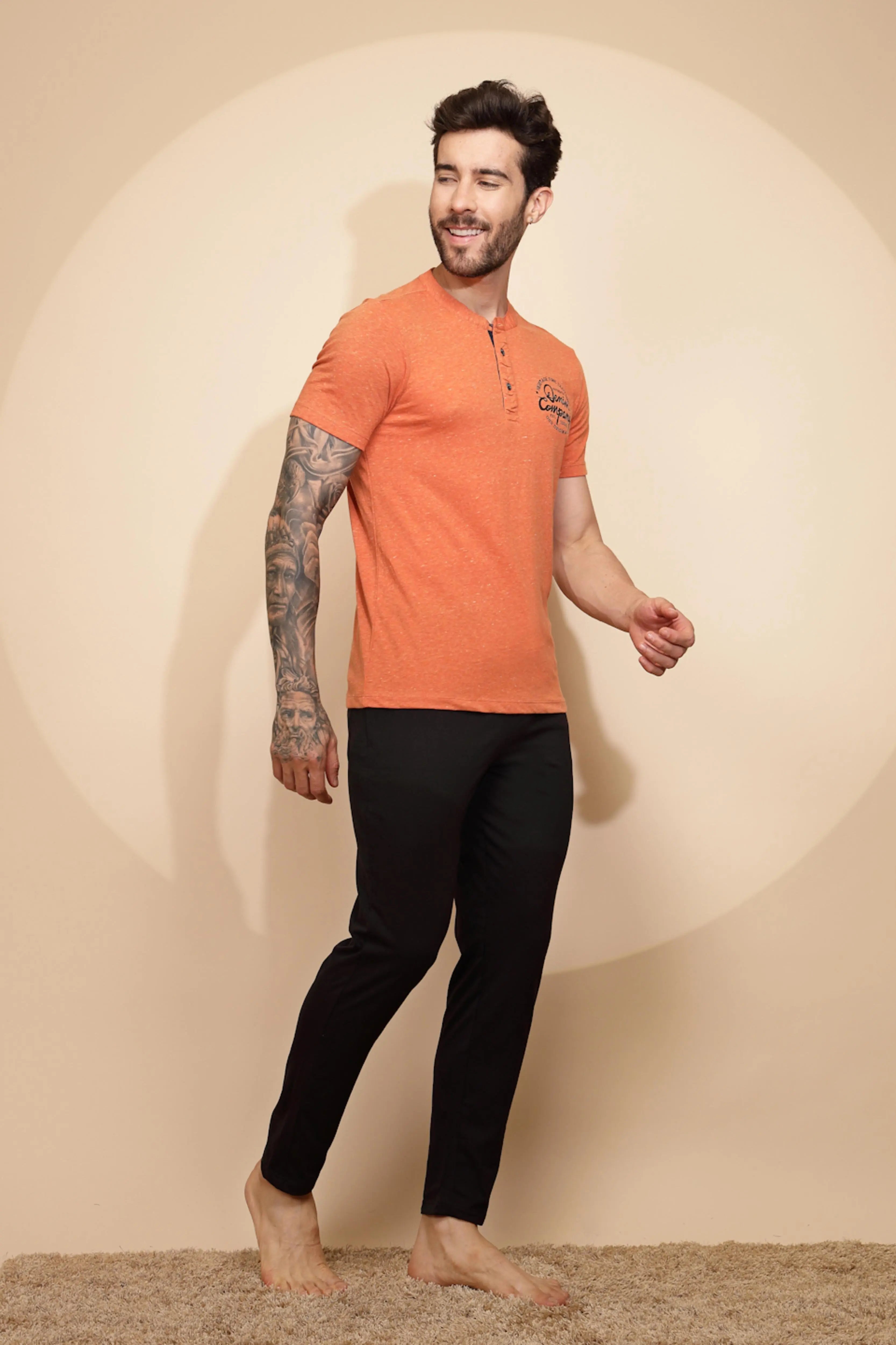 Orange Cotton Slim Fit Night Suit Set - Global Republic