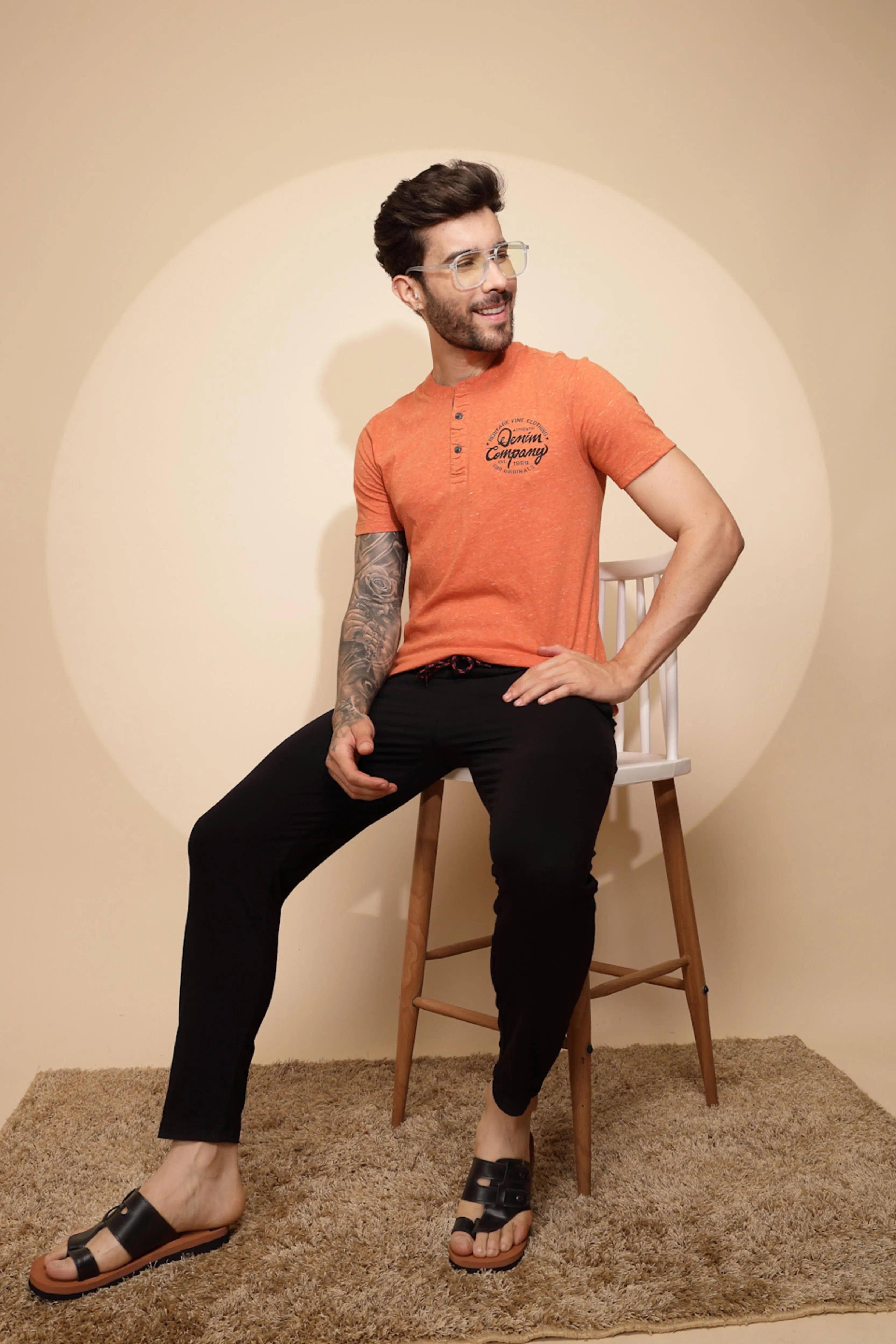 Orange Cotton Slim Fit Night Suit Set - Global Republic