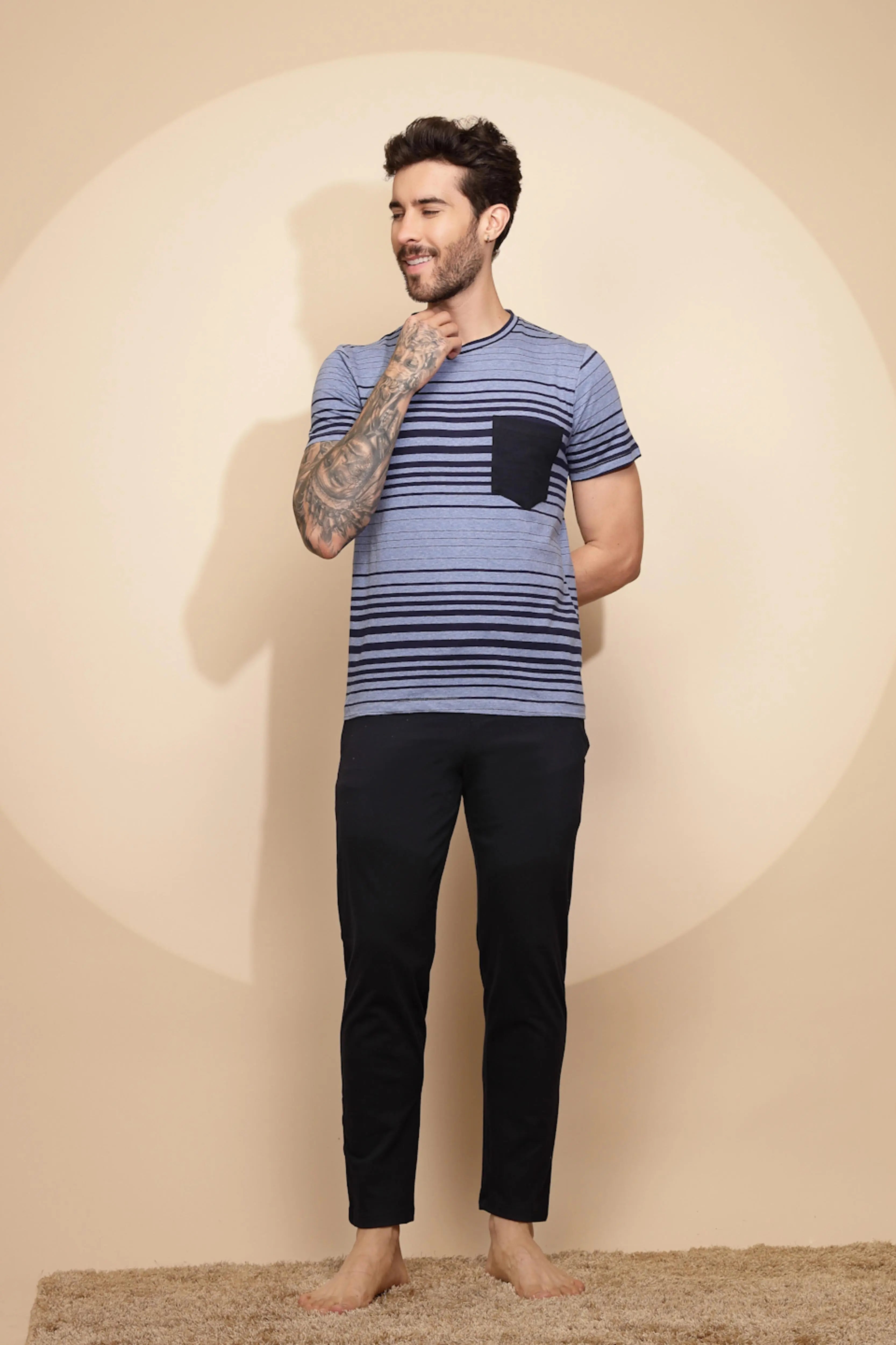 Blue Cotton Slim Fit Night Suit Set - Global Republic