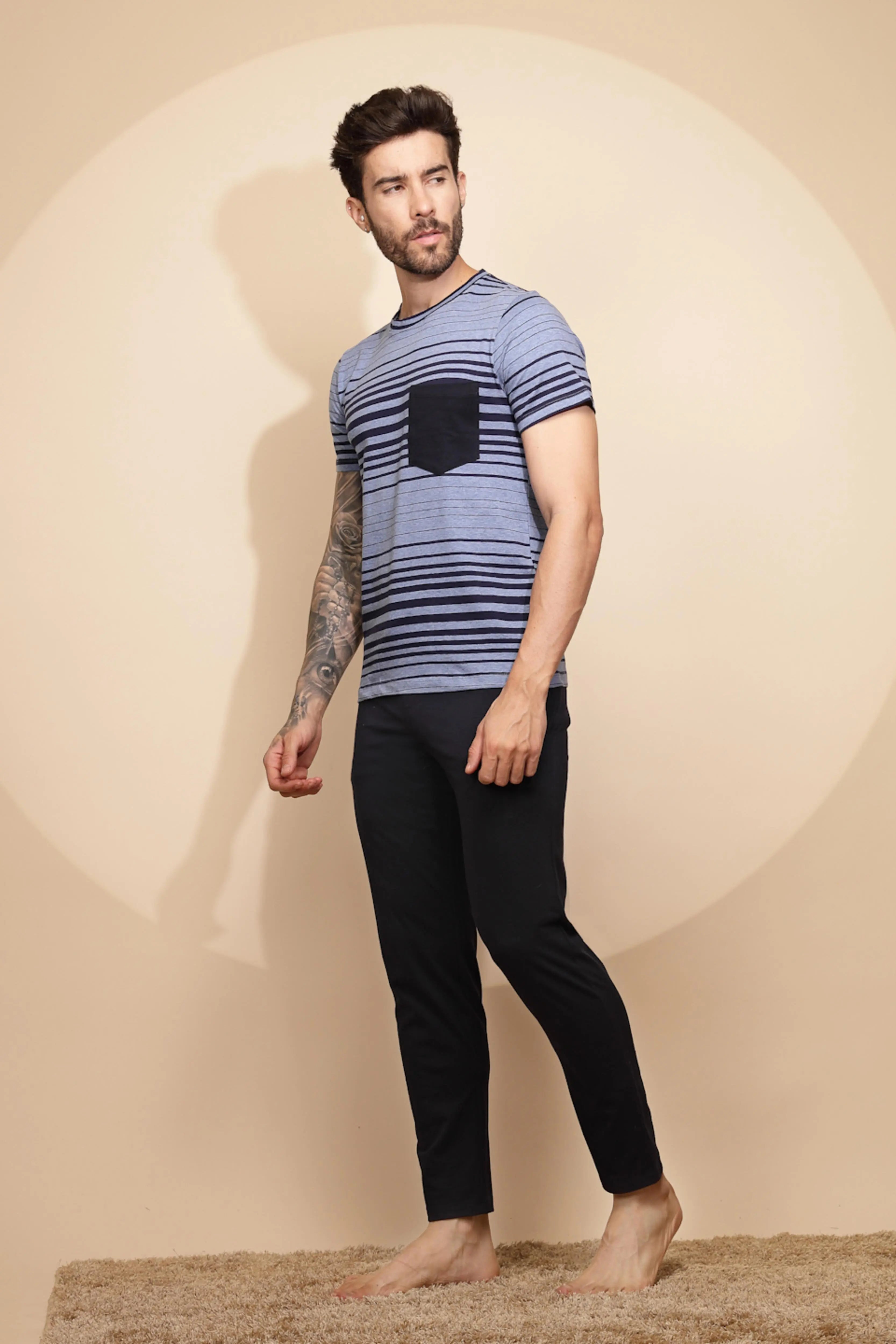 Blue Cotton Slim Fit Night Suit Set - Global Republic