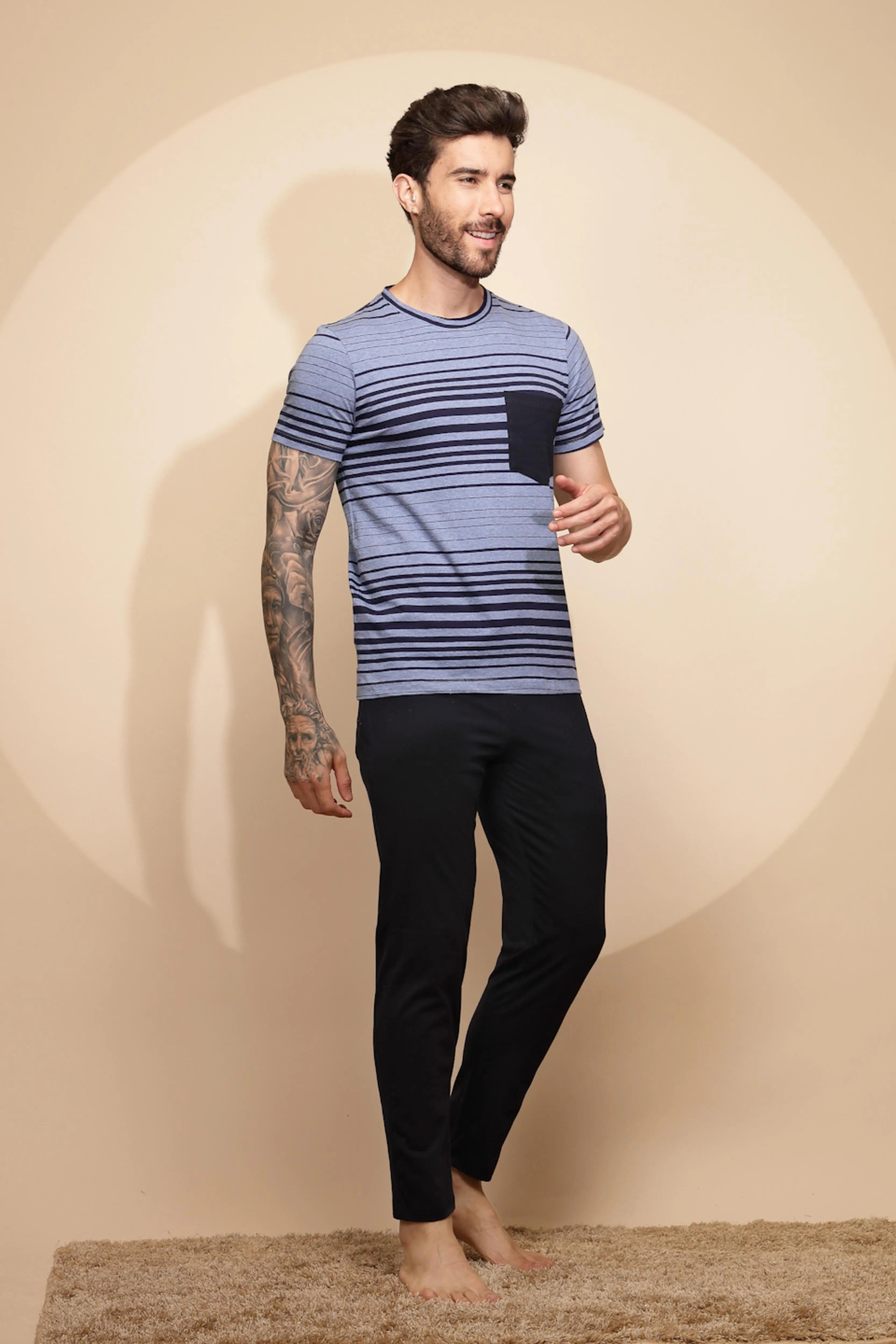 Blue Cotton Slim Fit Night Suit Set - Global Republic