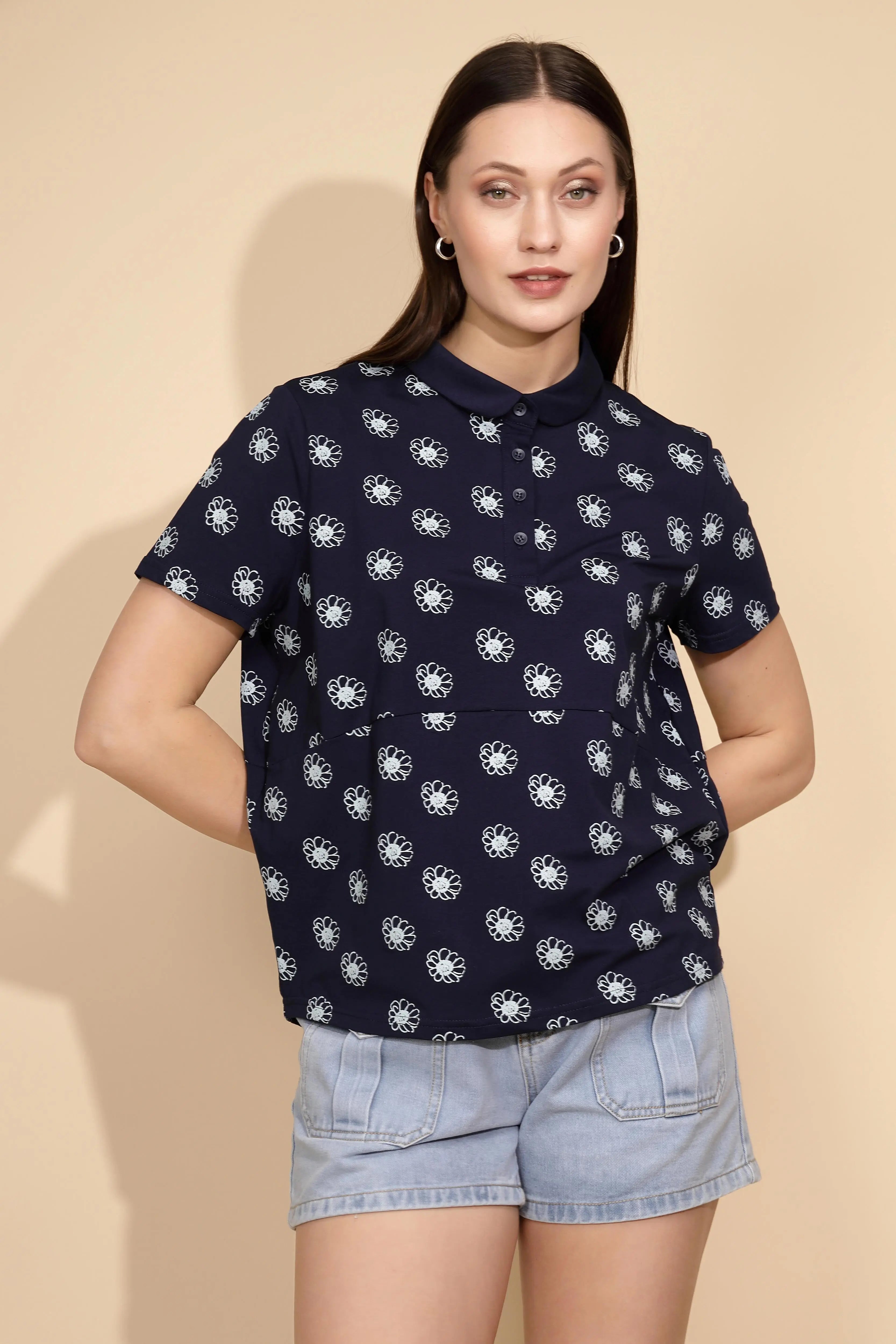 Navy Cotton Printed Loose Top - Global Republic