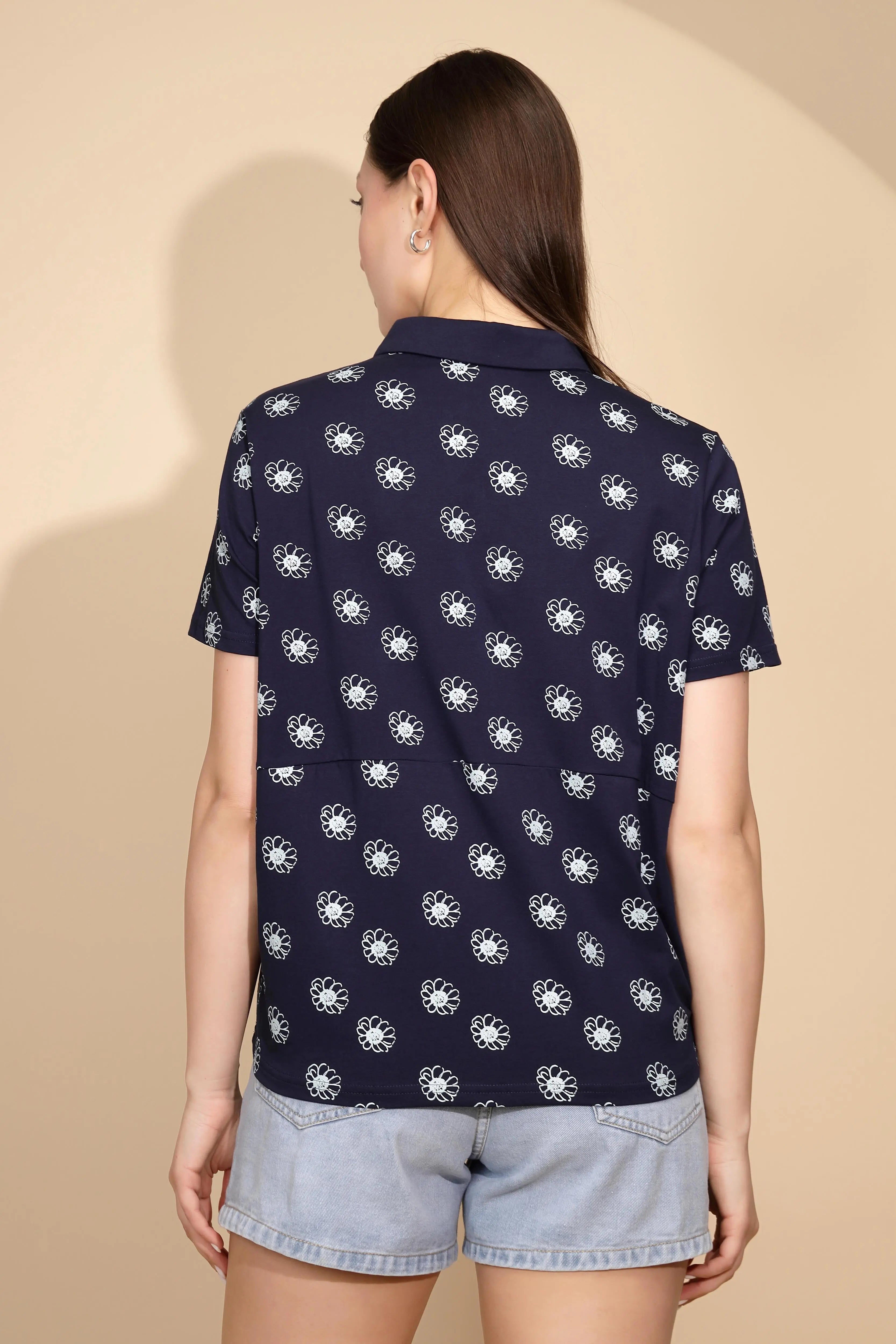 Navy Cotton Printed Loose Top - Global Republic