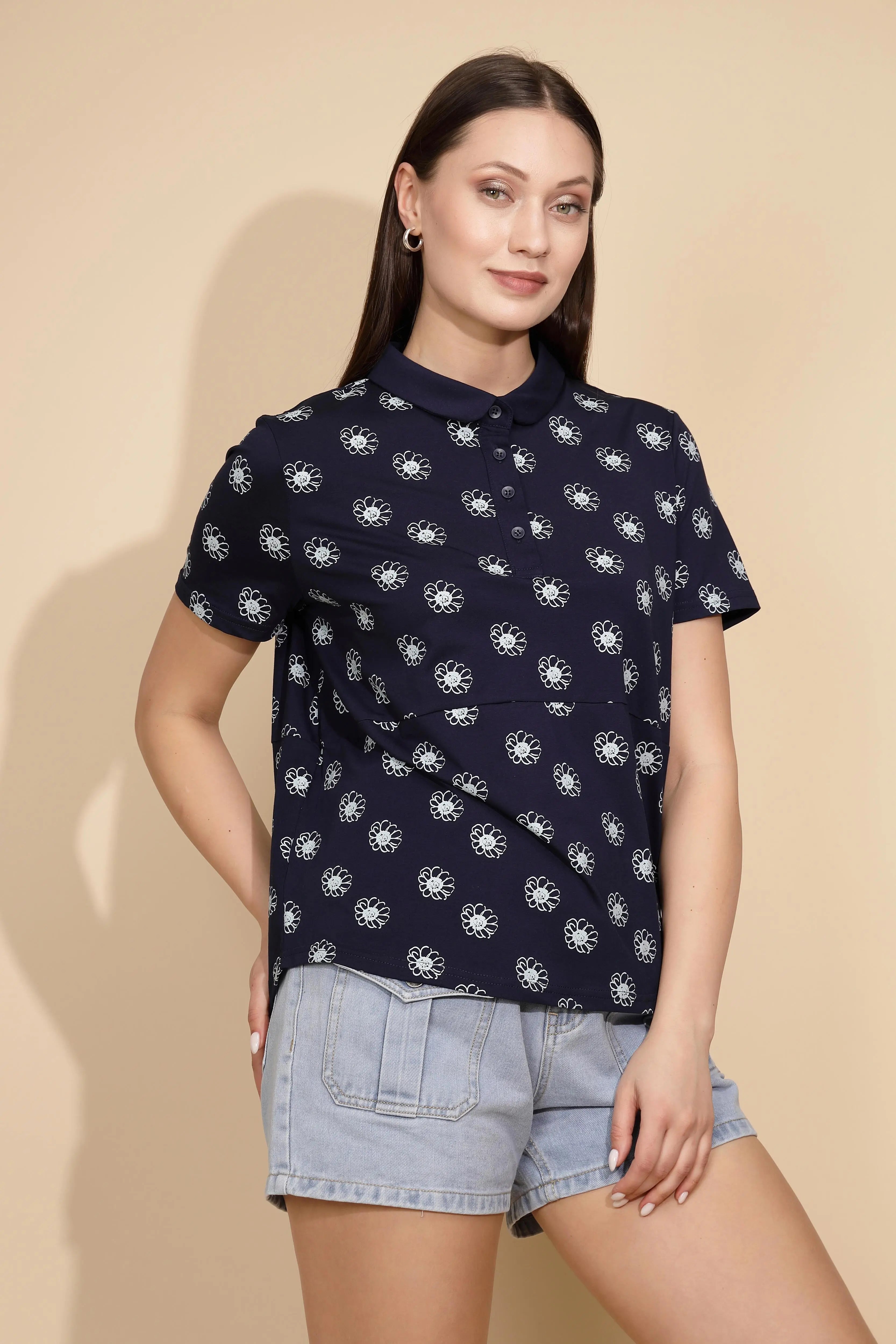 Navy Cotton Printed Loose Top - Global Republic