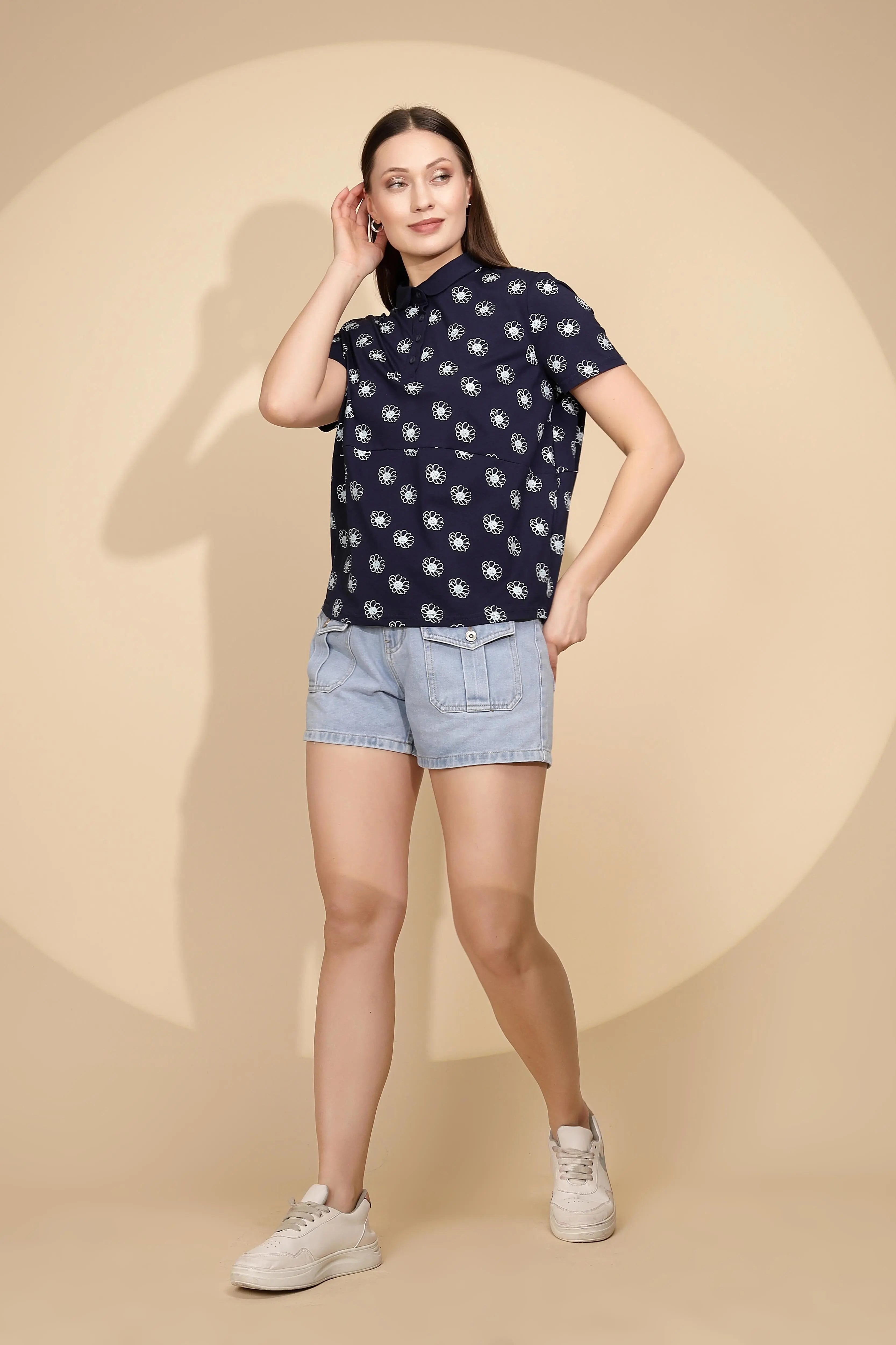 Navy Cotton Printed Loose Top - Global Republic