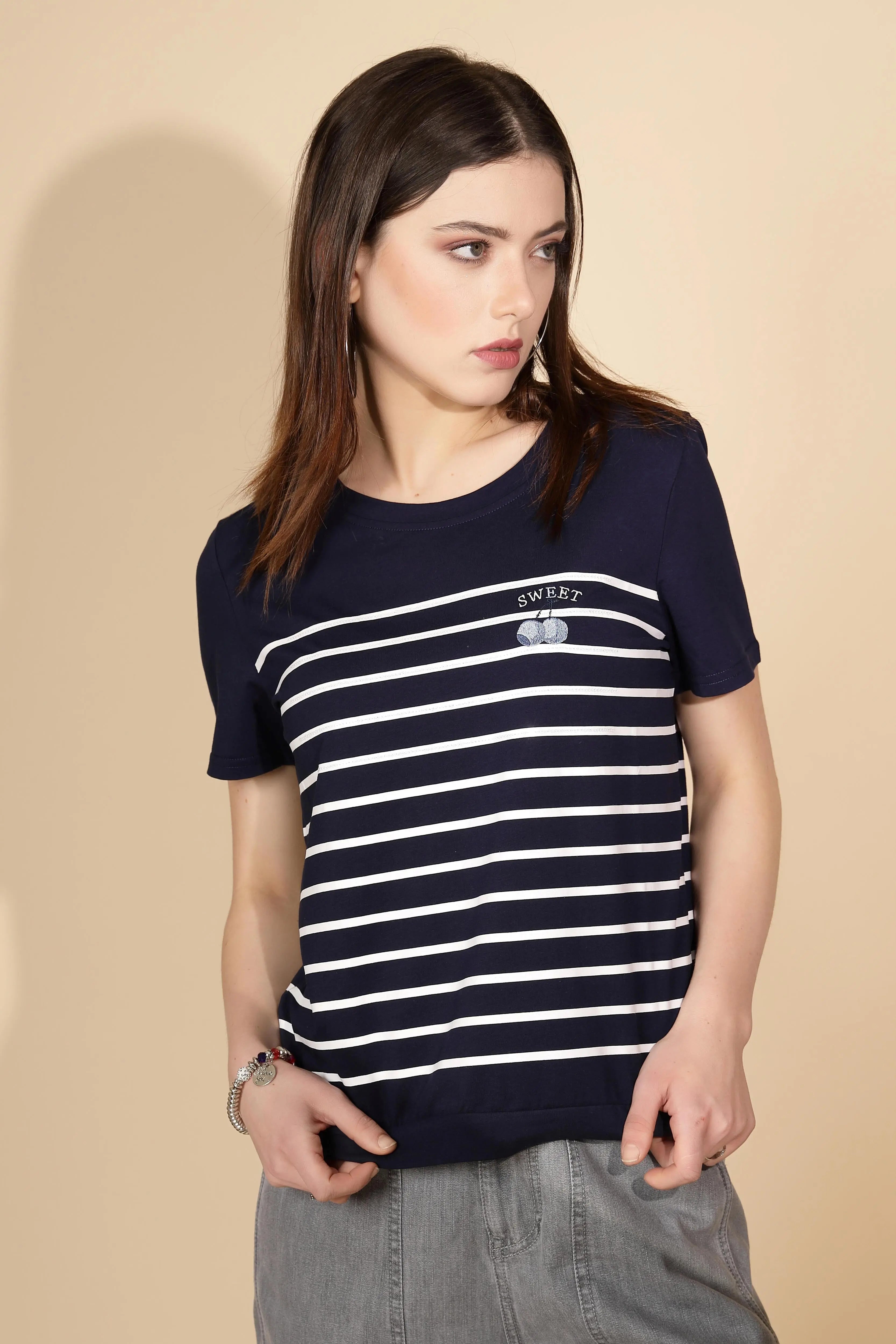 Navy Blue Cotton Blend Striped Top - Global Republic