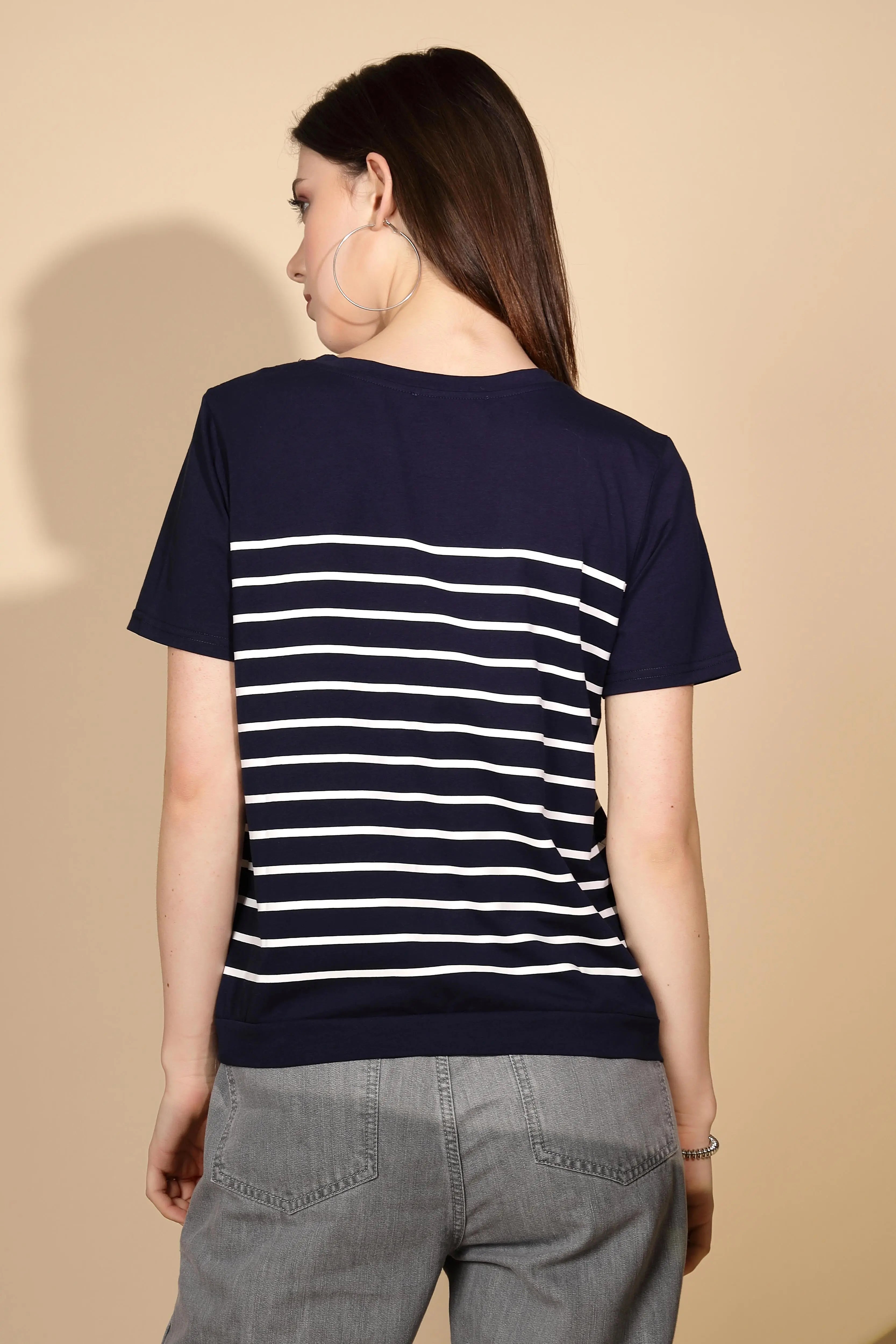 Navy Blue Cotton Blend Striped Top - Global Republic