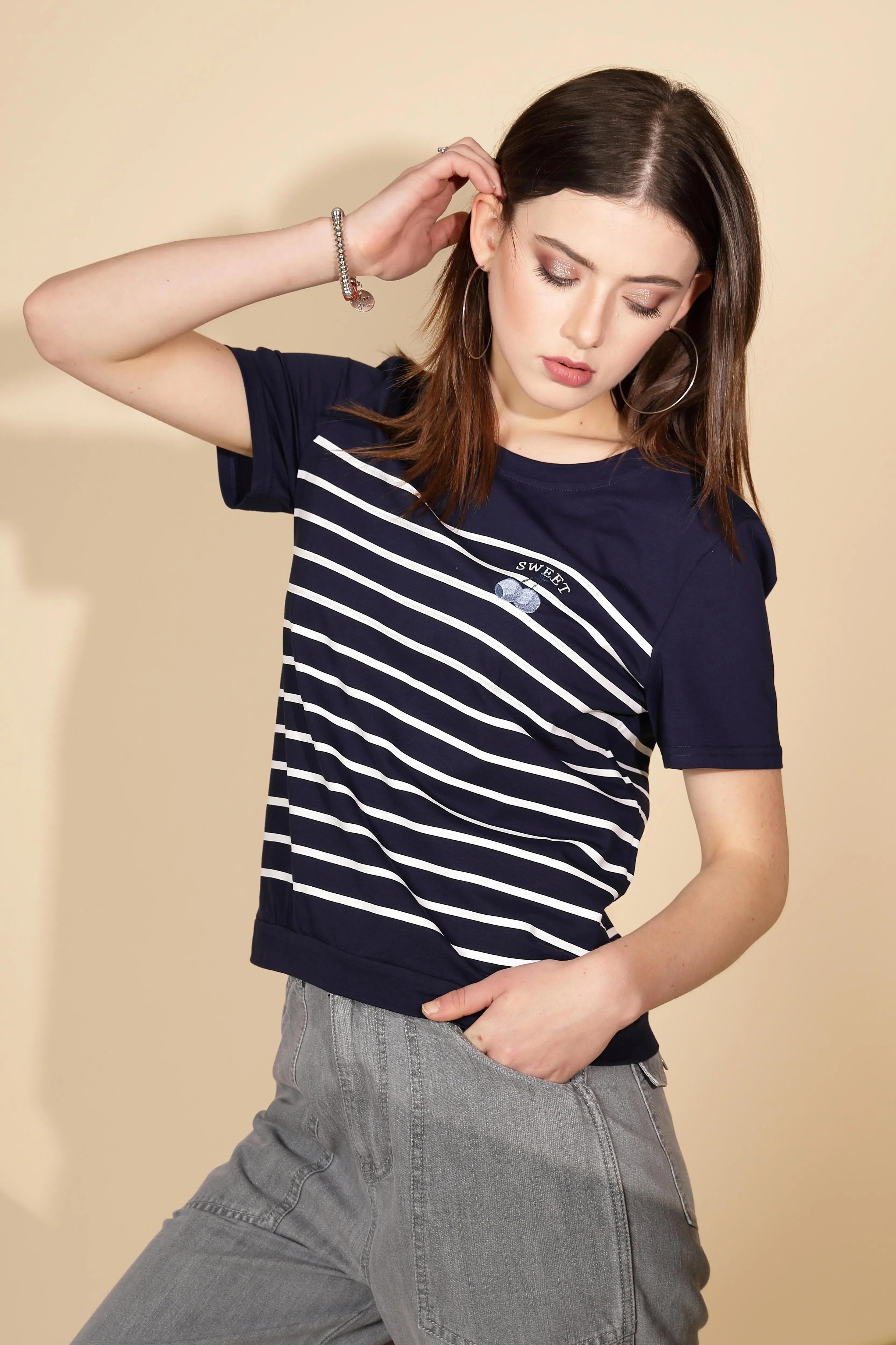 Navy Blue Cotton Blend Striped Top - Global Republic