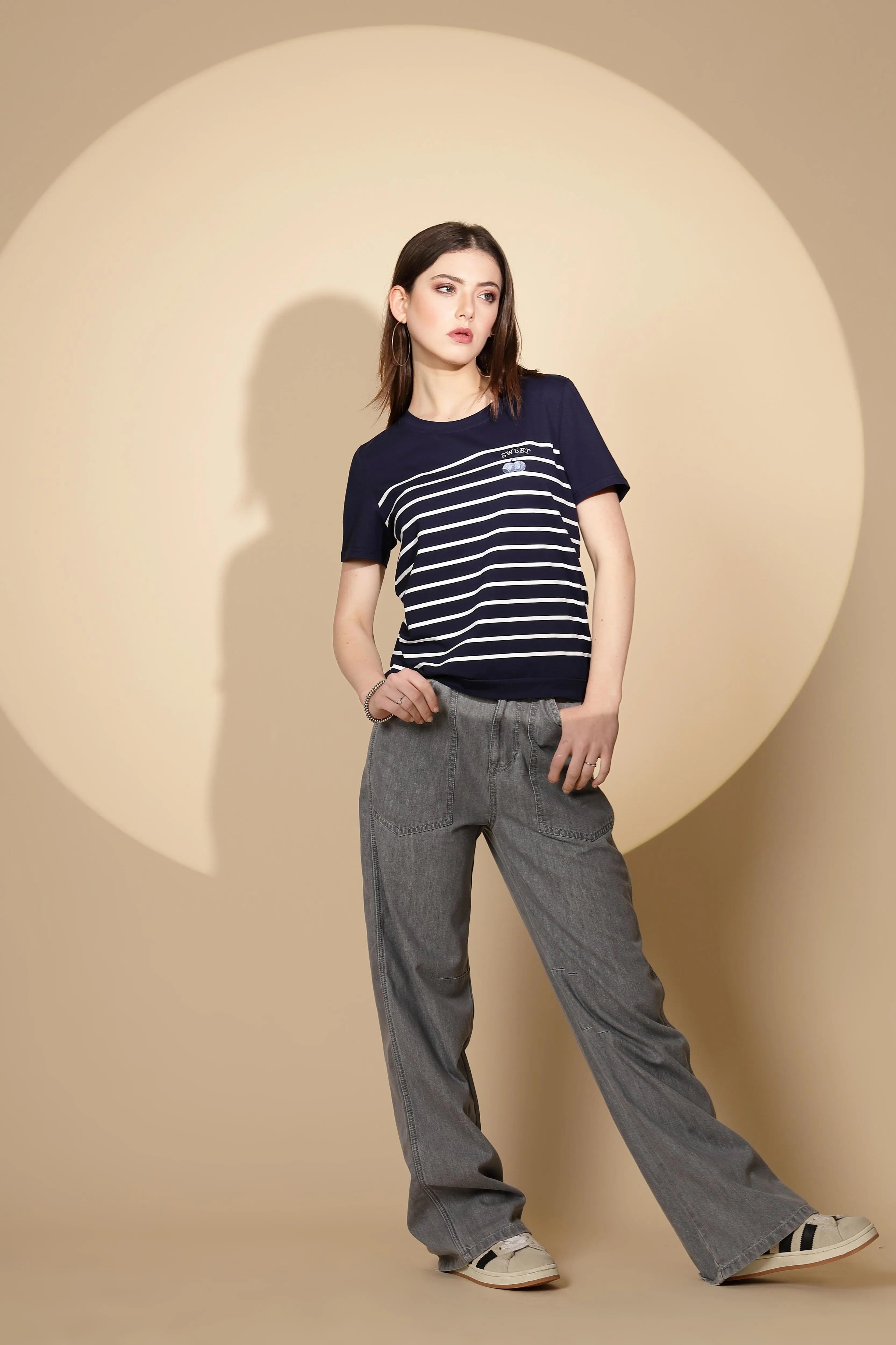 Navy Blue Cotton Blend Striped Top - Global Republic