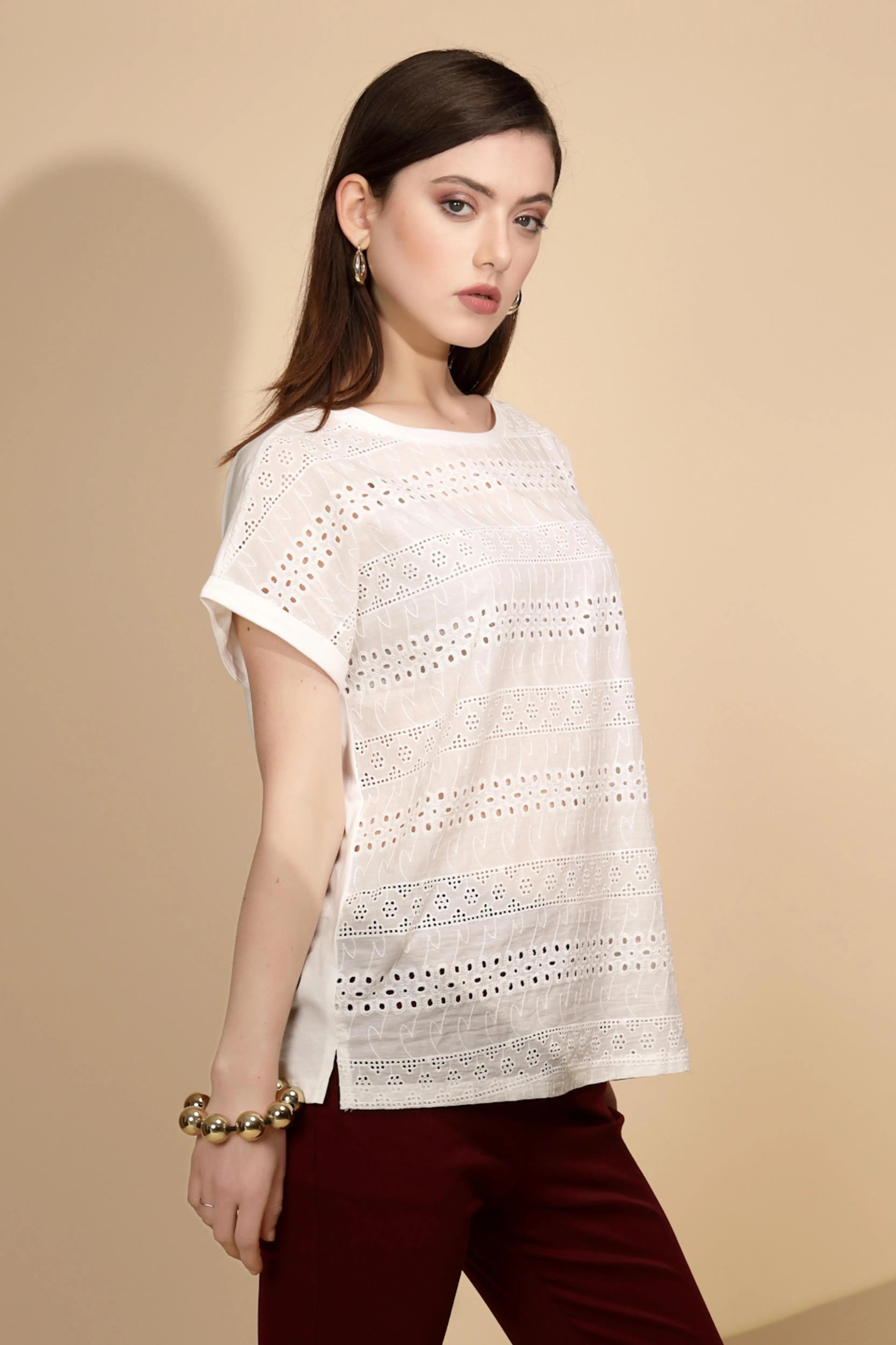 White Cotton Schiffli Top - Global Republic