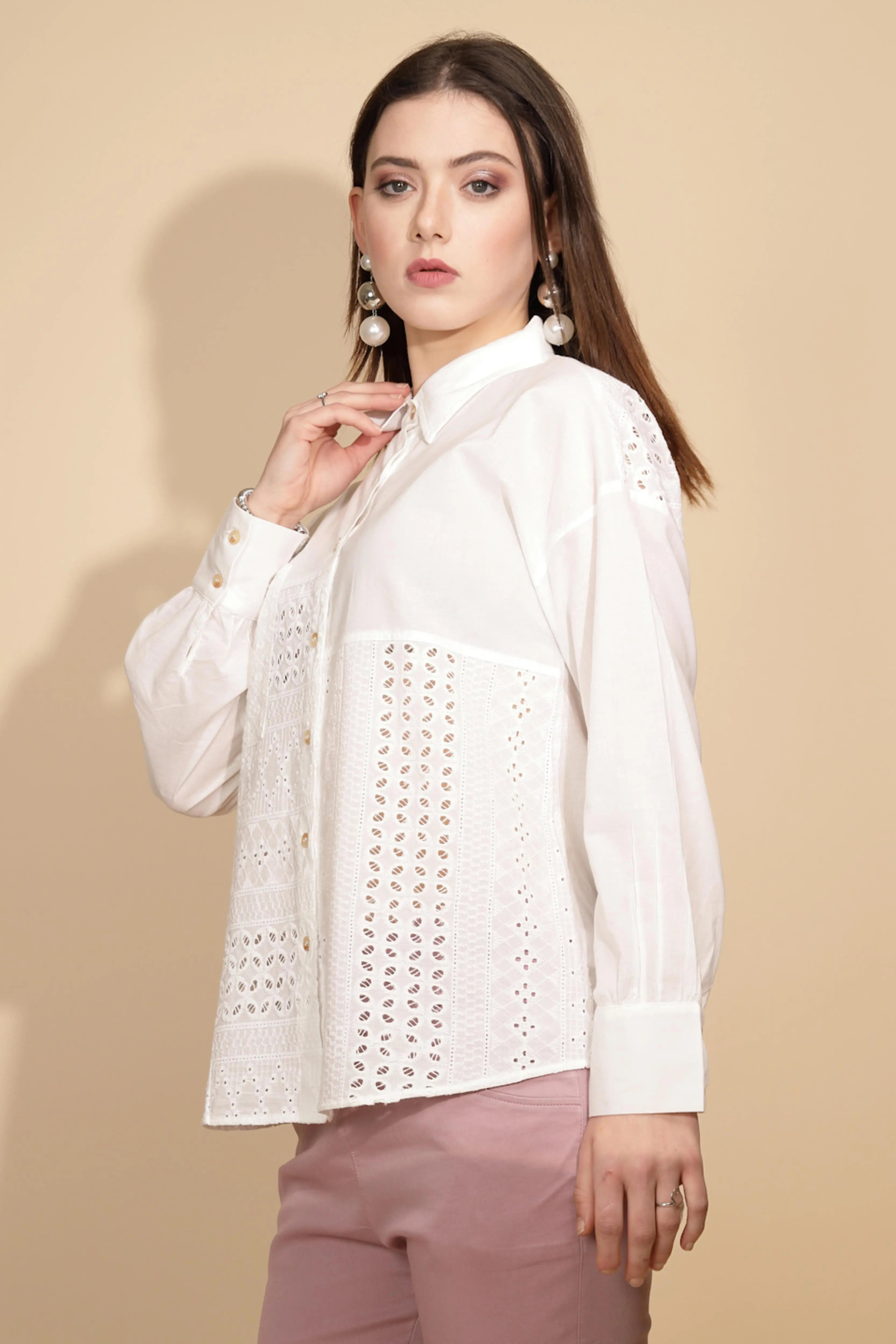 White Cotton Schiffli Shirt - Global Republic