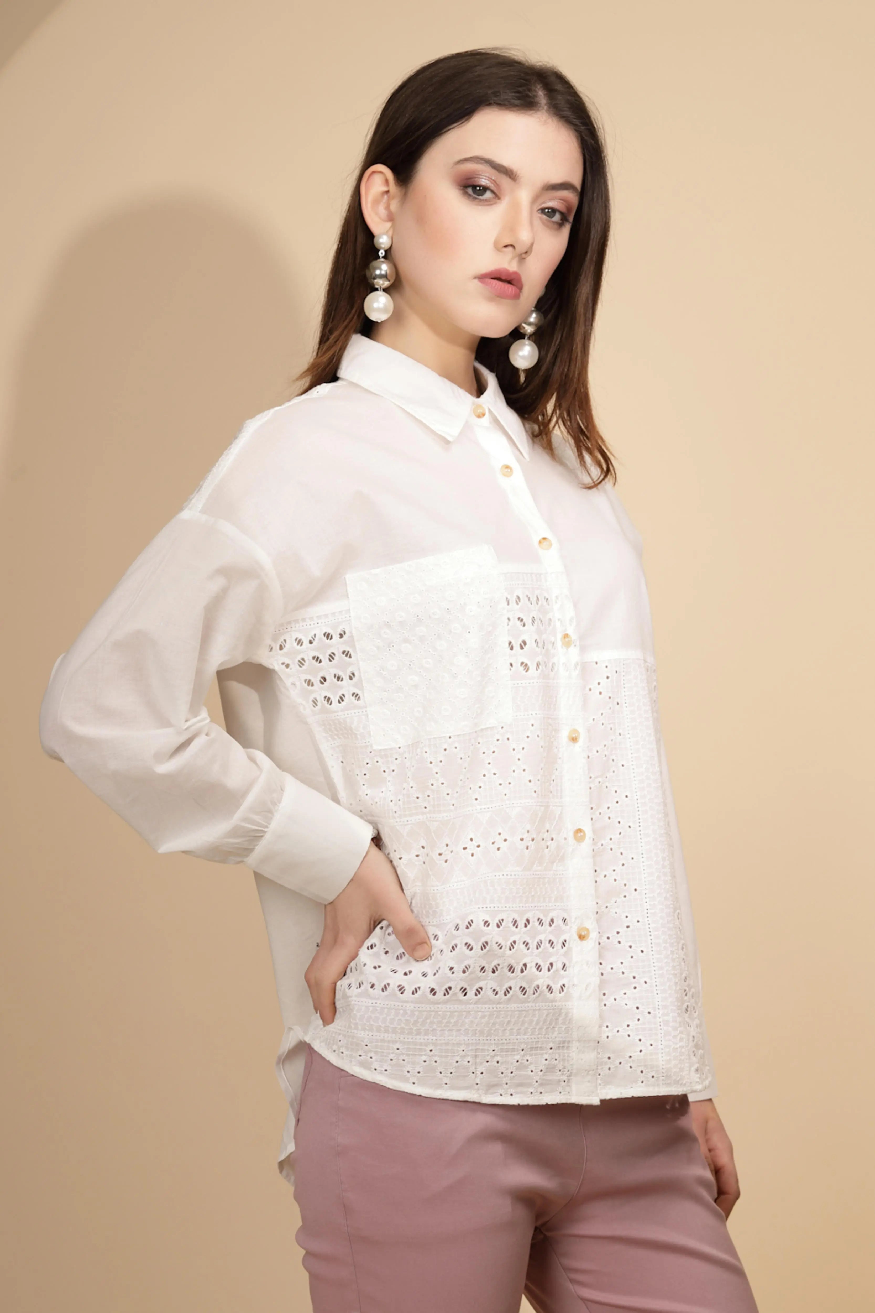 White Cotton Schiffli Shirt - Global Republic