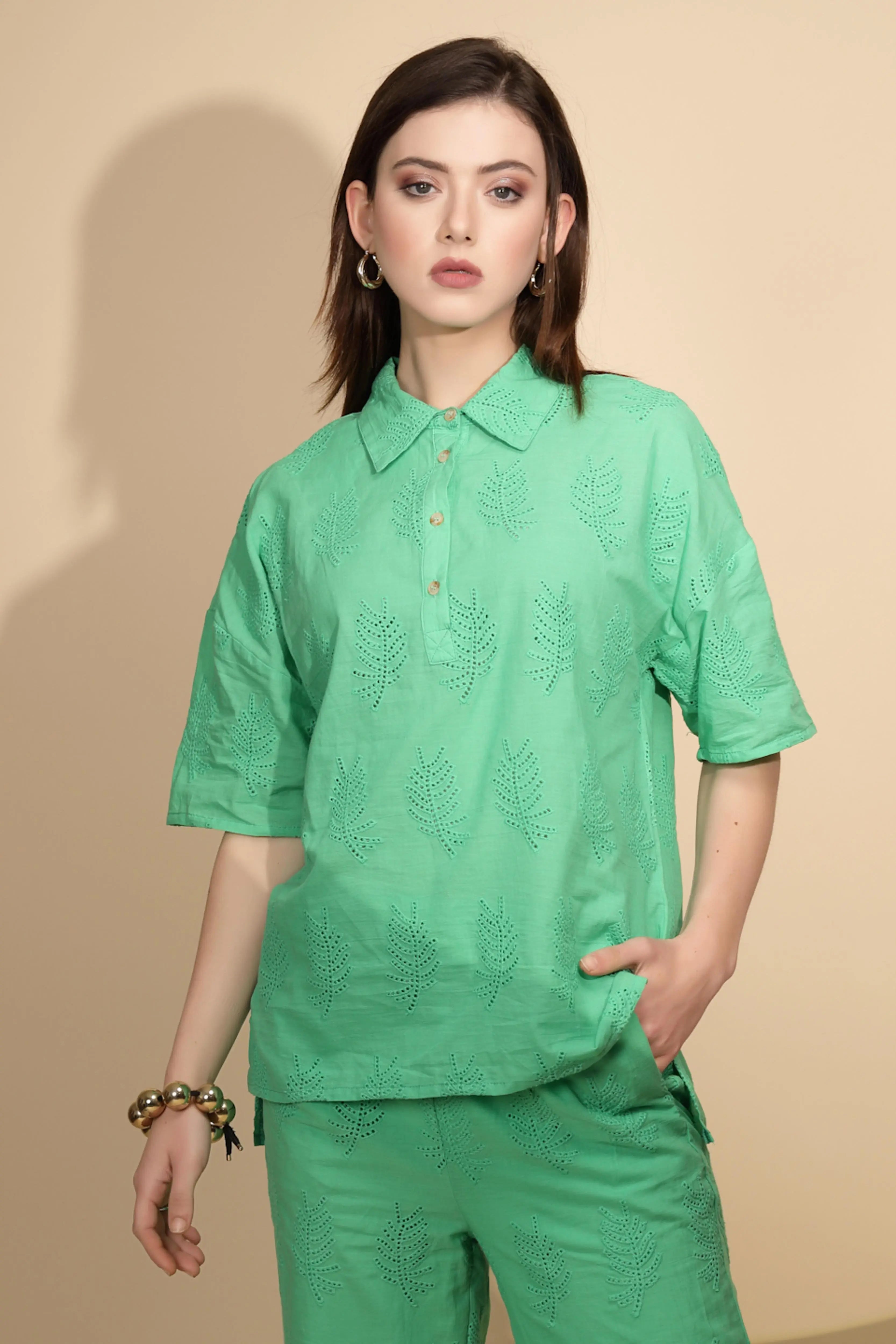 Green Embroidered Cotton Shirt - Global Republic