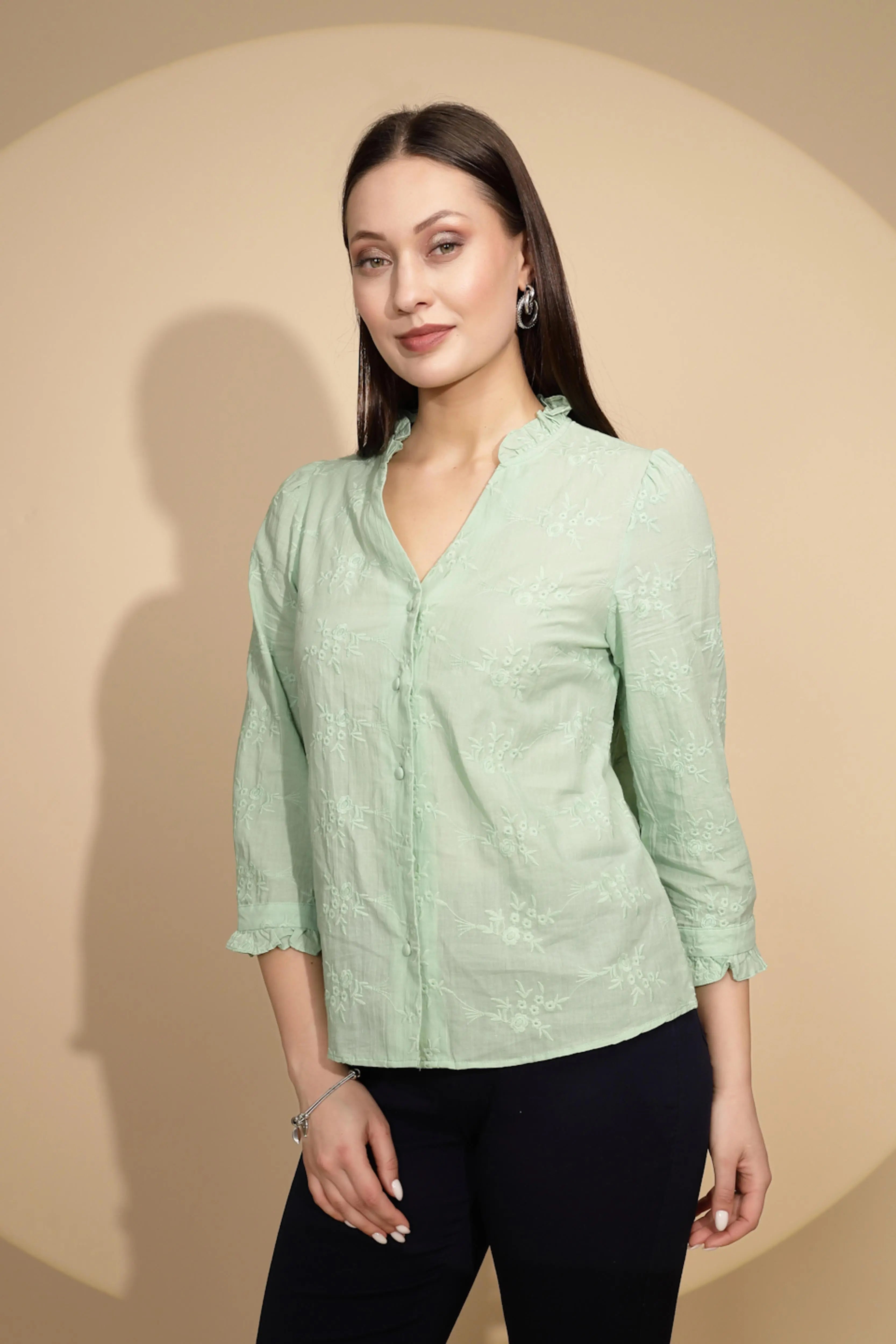 Pista Green Embroidered Cotton Shirt - Global Republic