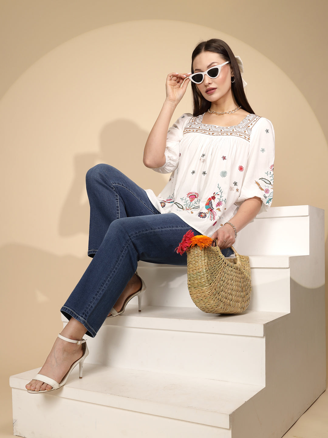 White Square Neck Cotton Top - Global Republic