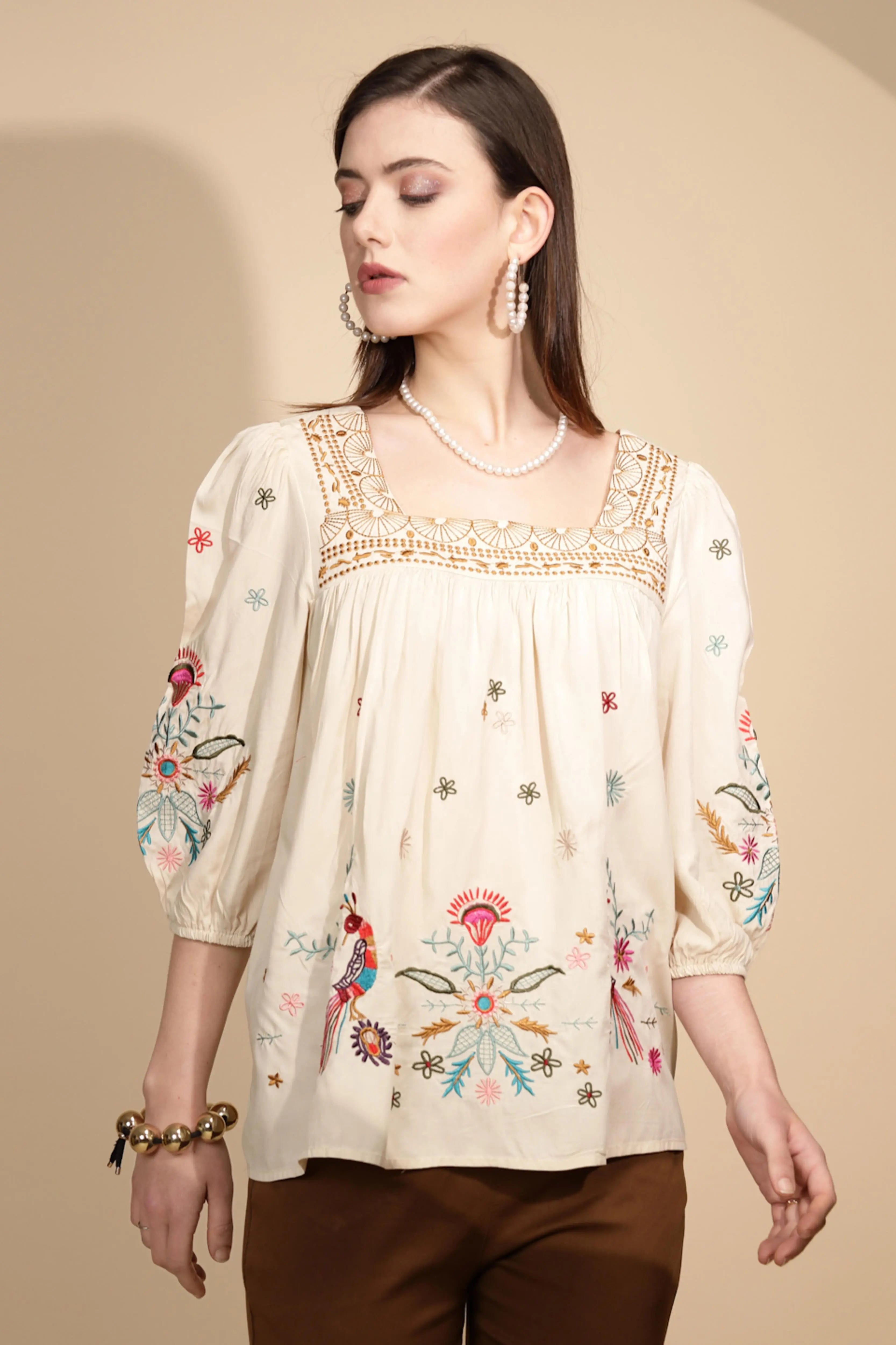 Beige Cotton Regular Fit Blouson Top - Global Republic