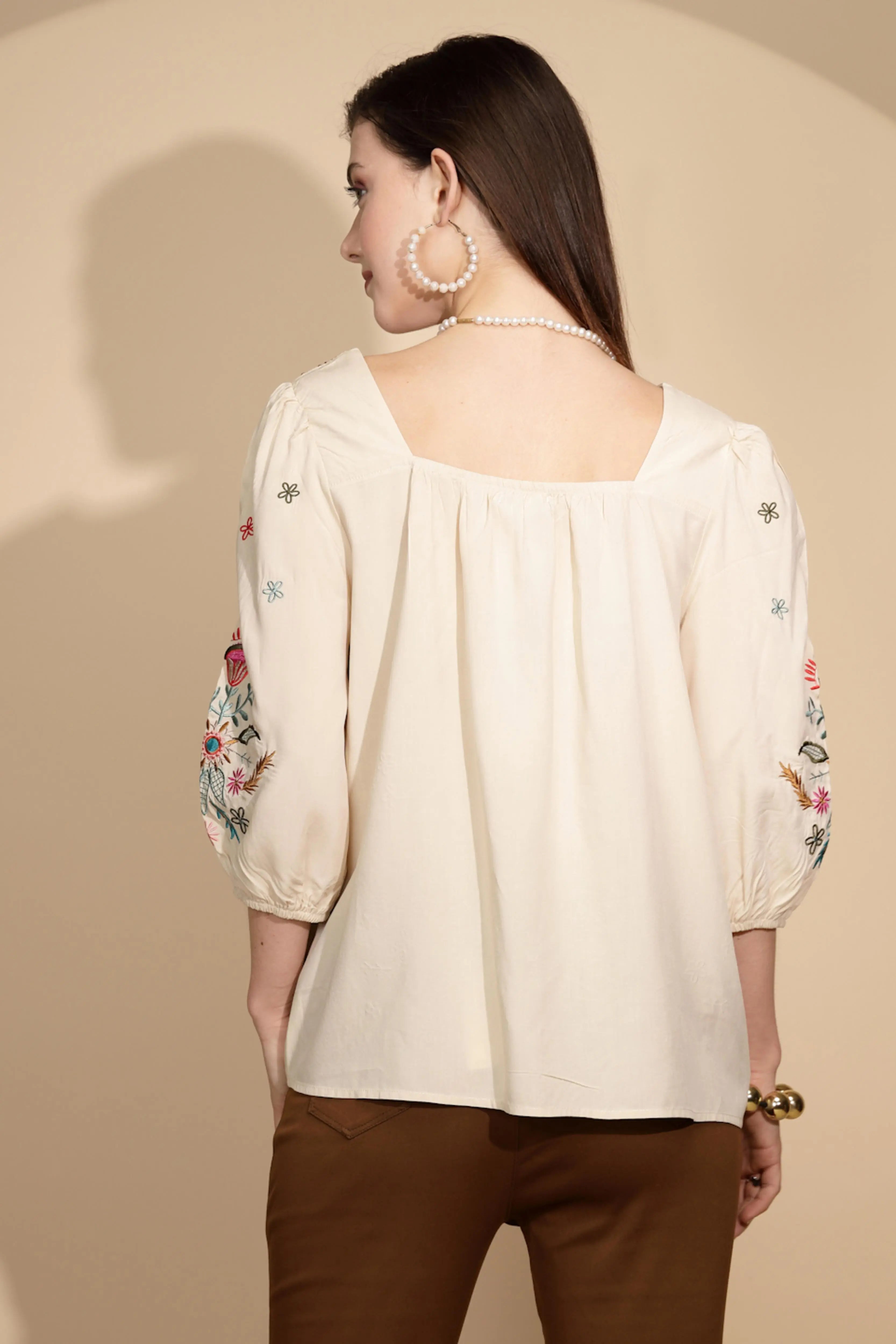 Beige Cotton Regular Fit Blouson Top - Global Republic