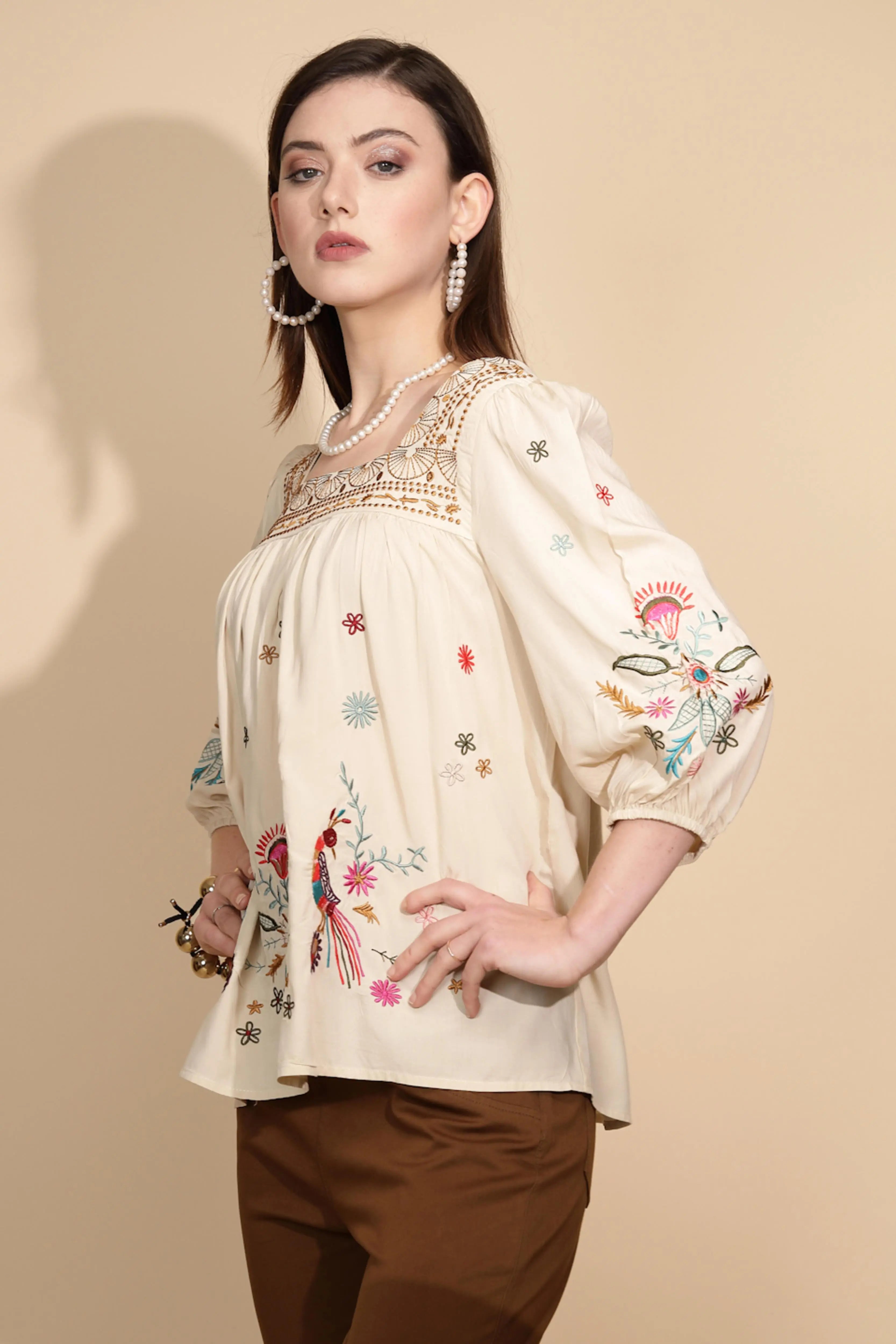 Beige Cotton Regular Fit Blouson Top - Global Republic
