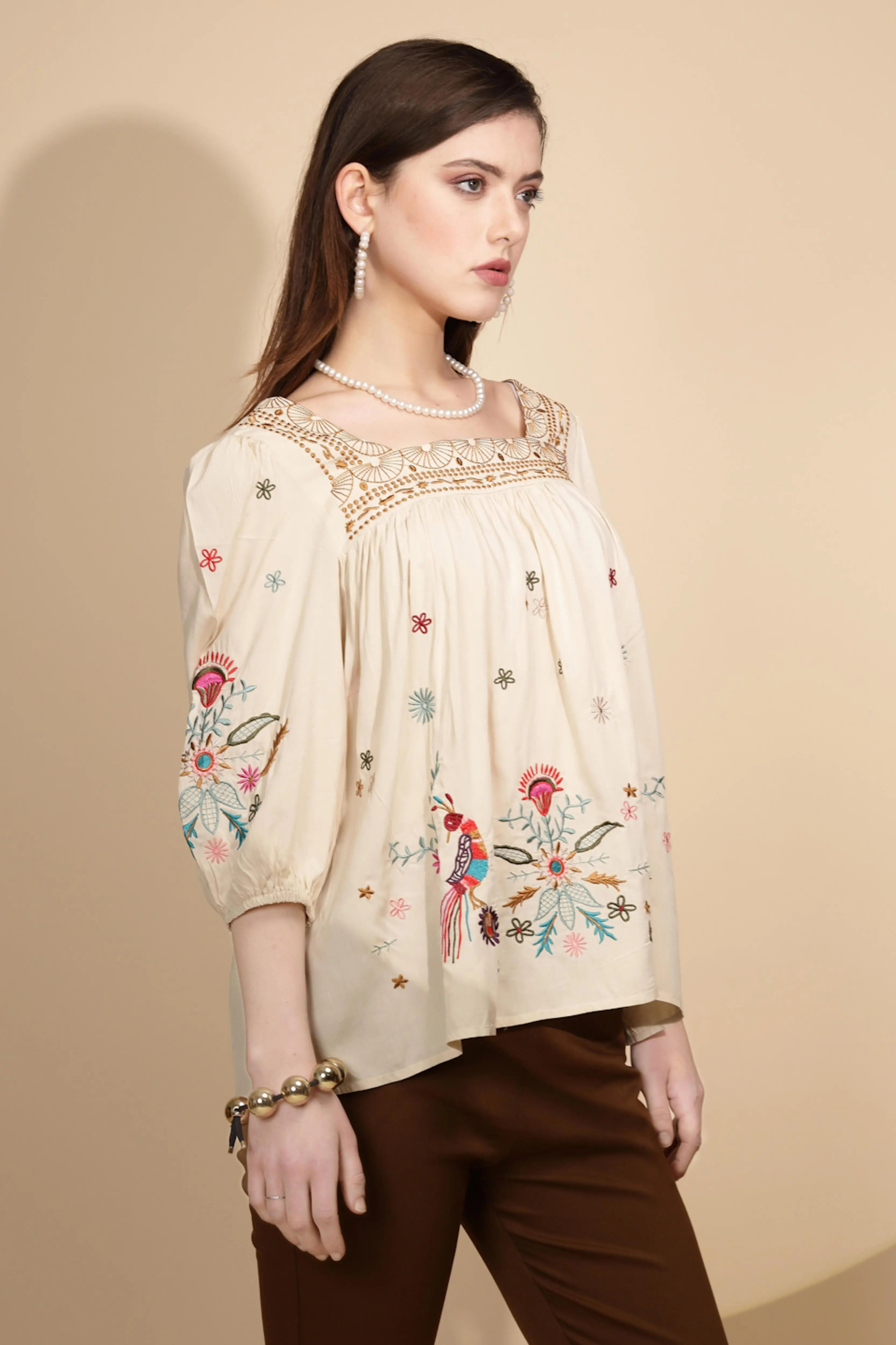 Beige Cotton Regular Fit Blouson Top - Global Republic