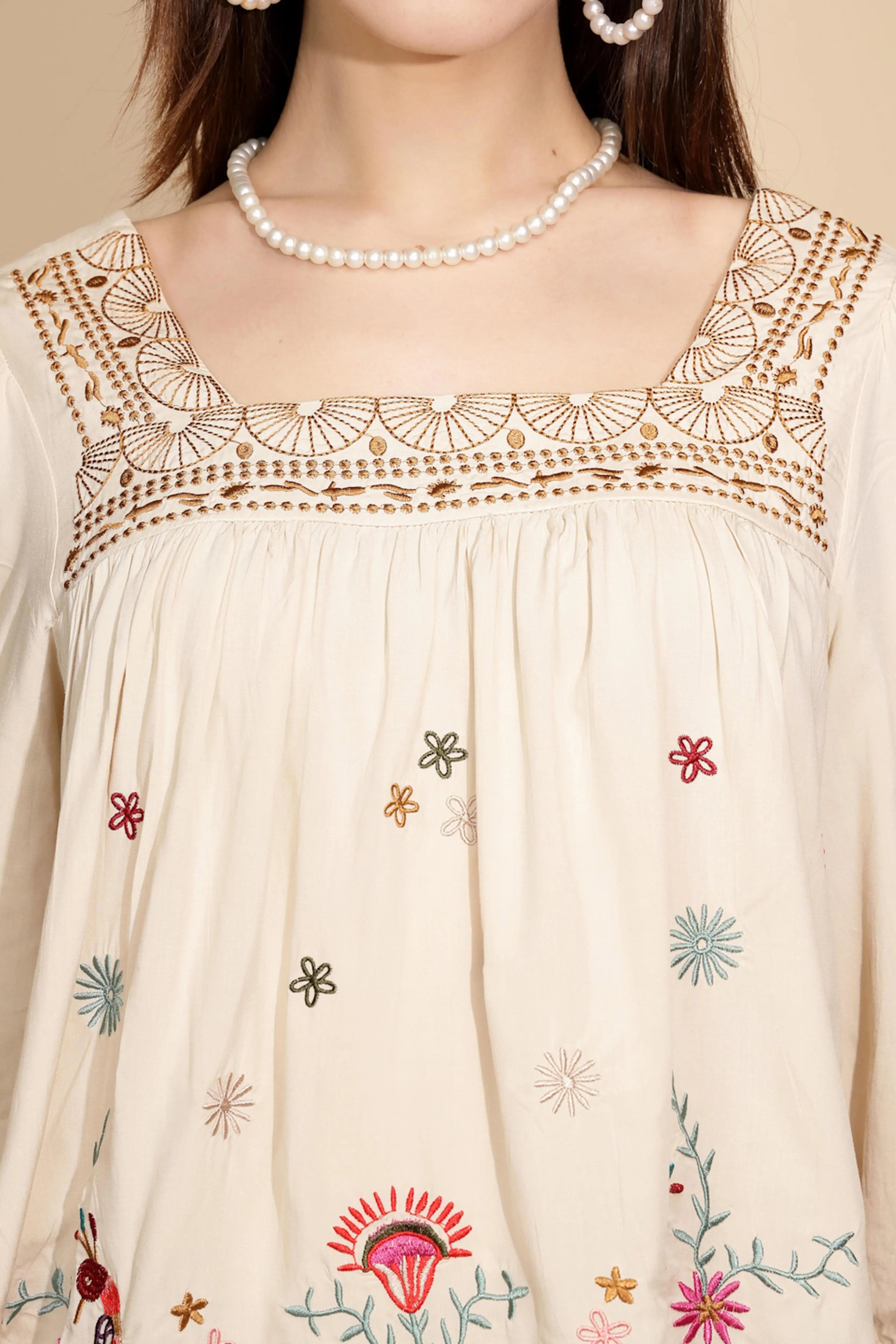 Beige Cotton Regular Fit Blouson Top - Global Republic