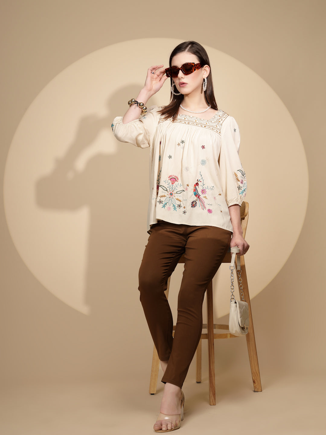 Beige Cotton Regular Fit Blouson Top - Global Republic