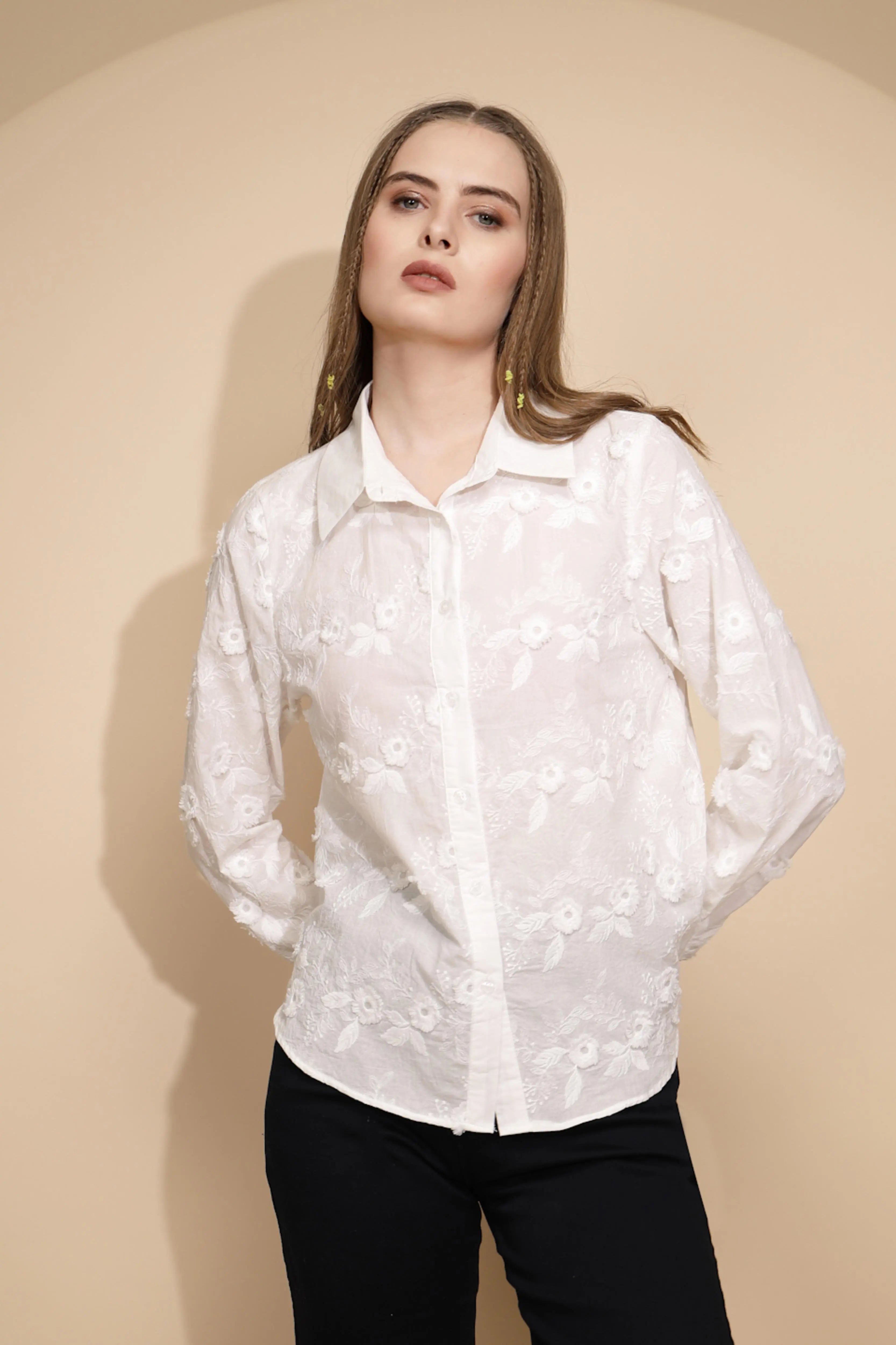 White 3D Embroidered Cotton Shirt - Global Republic