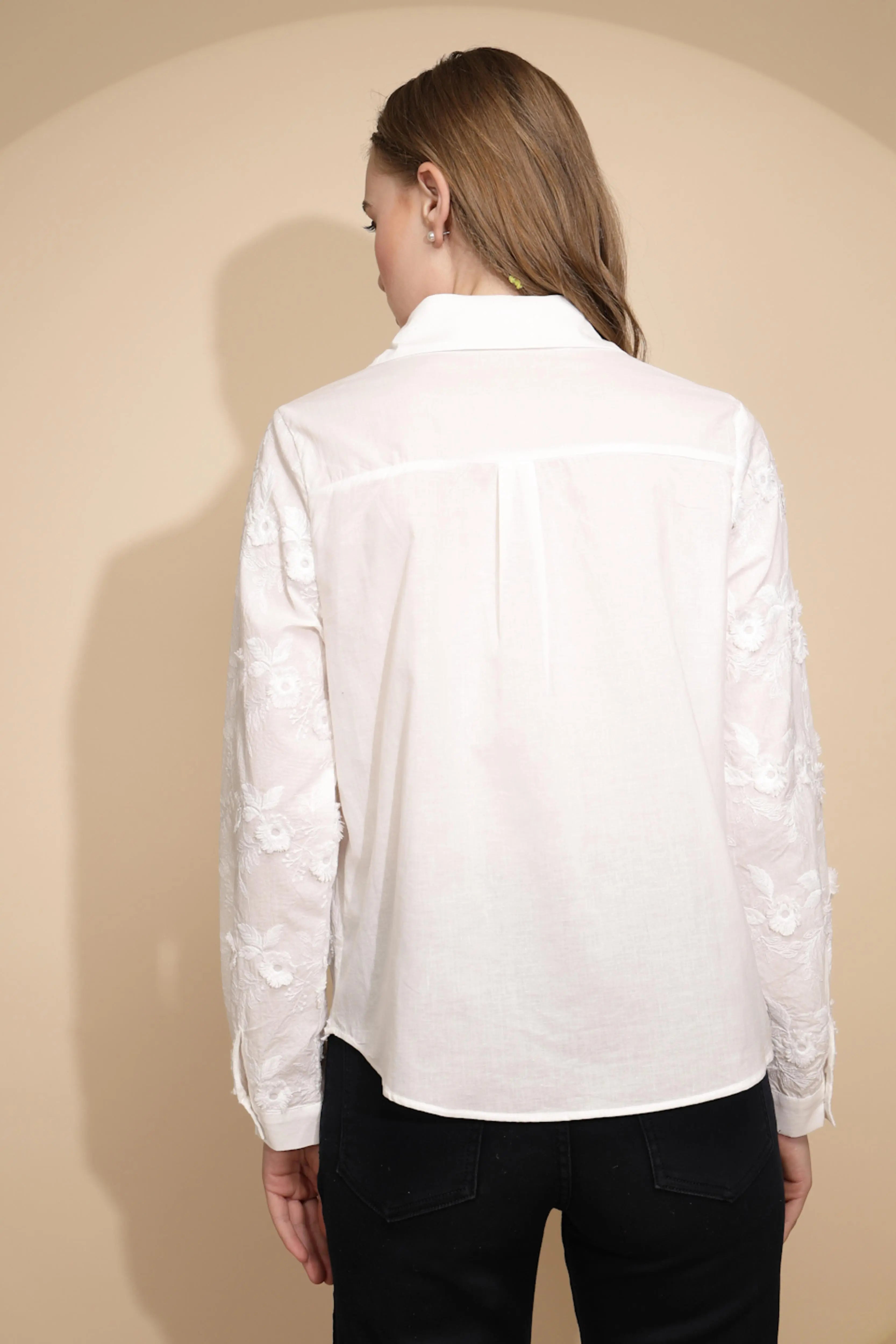 White 3D Embroidered Cotton Shirt - Global Republic