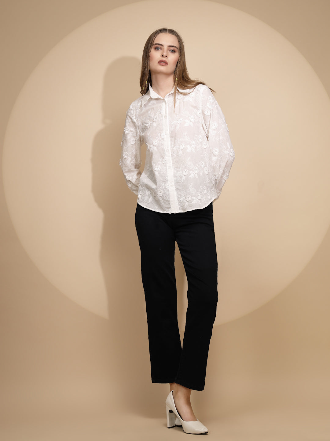 White 3D Embroidered Cotton Shirt - Global Republic