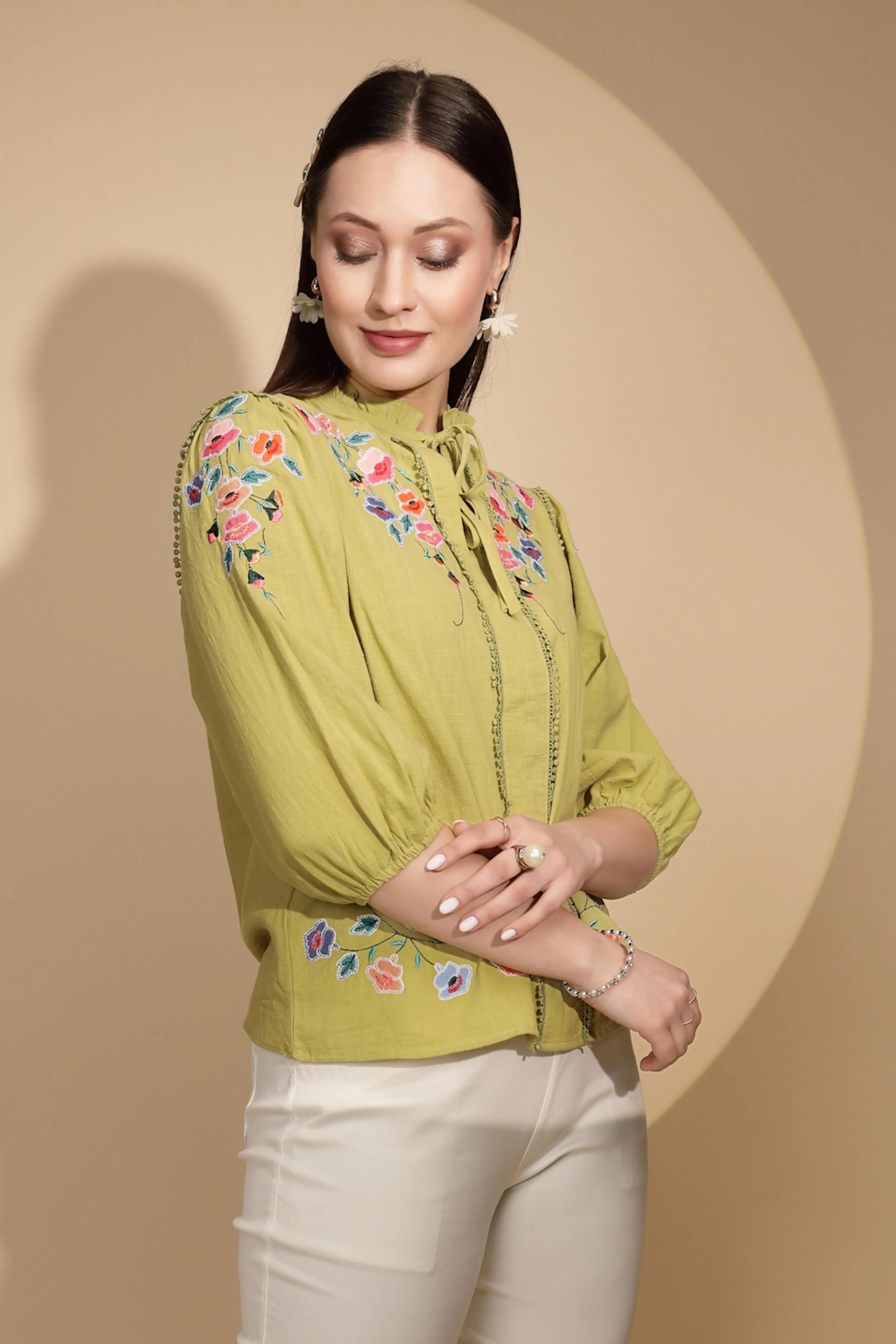 Green Cotton Regular Fit Blouson Top For Women - Global Republic