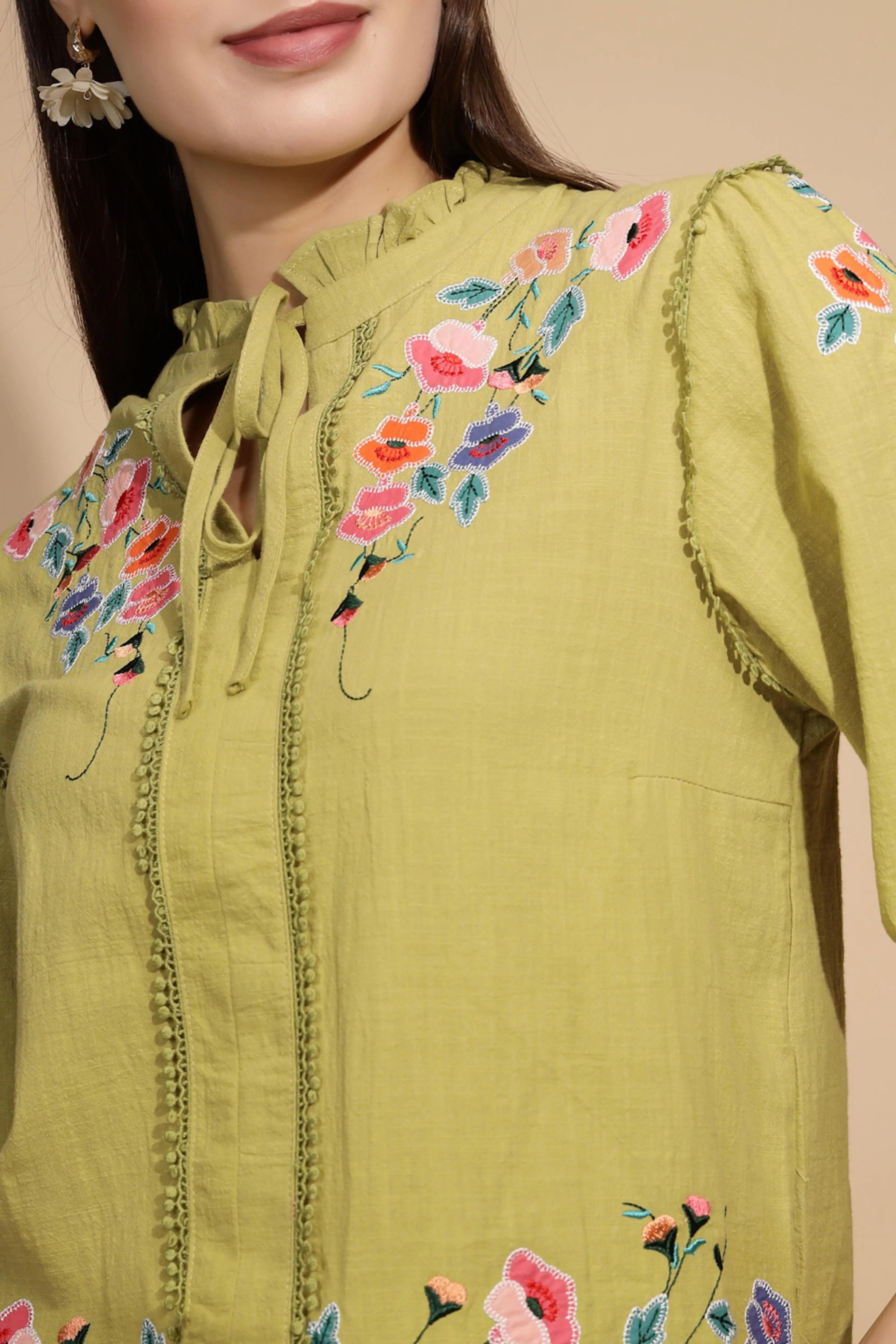 Green Cotton Regular Fit Blouson Top For Women - Global Republic