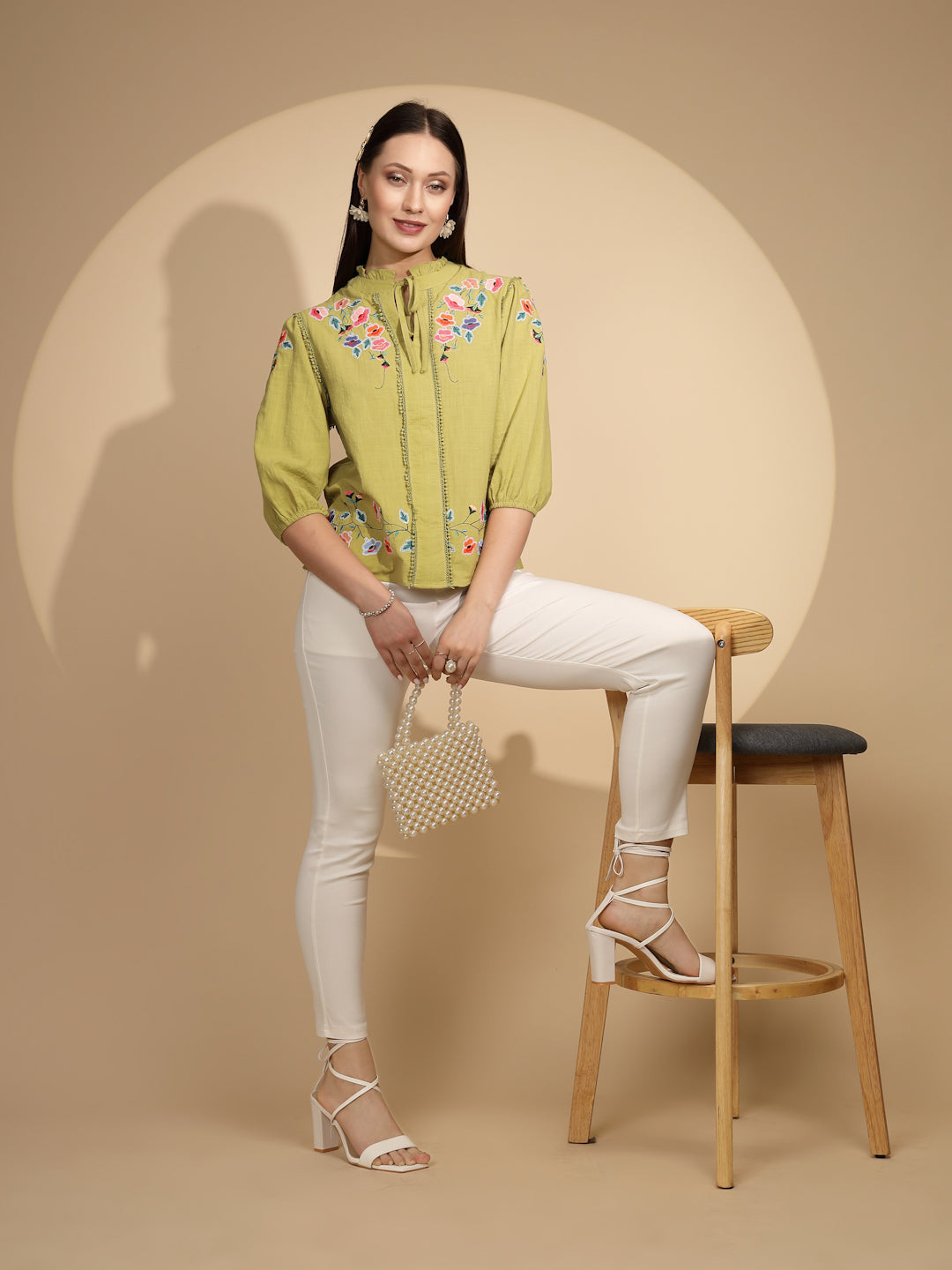 Green Cotton Regular Fit Blouson Top For Women - Global Republic