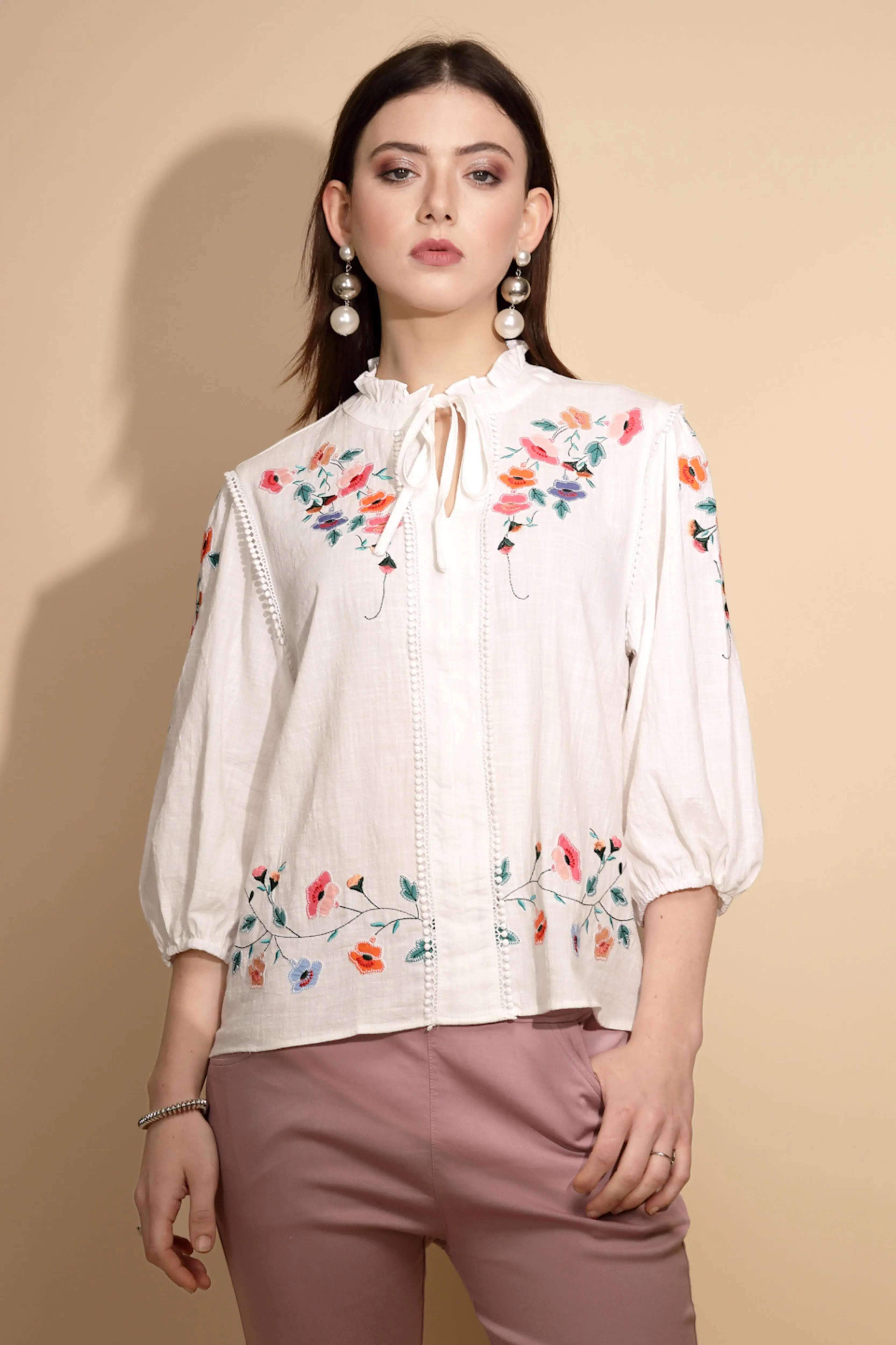 White Floral Embroidered Cotton Top - Global Republic