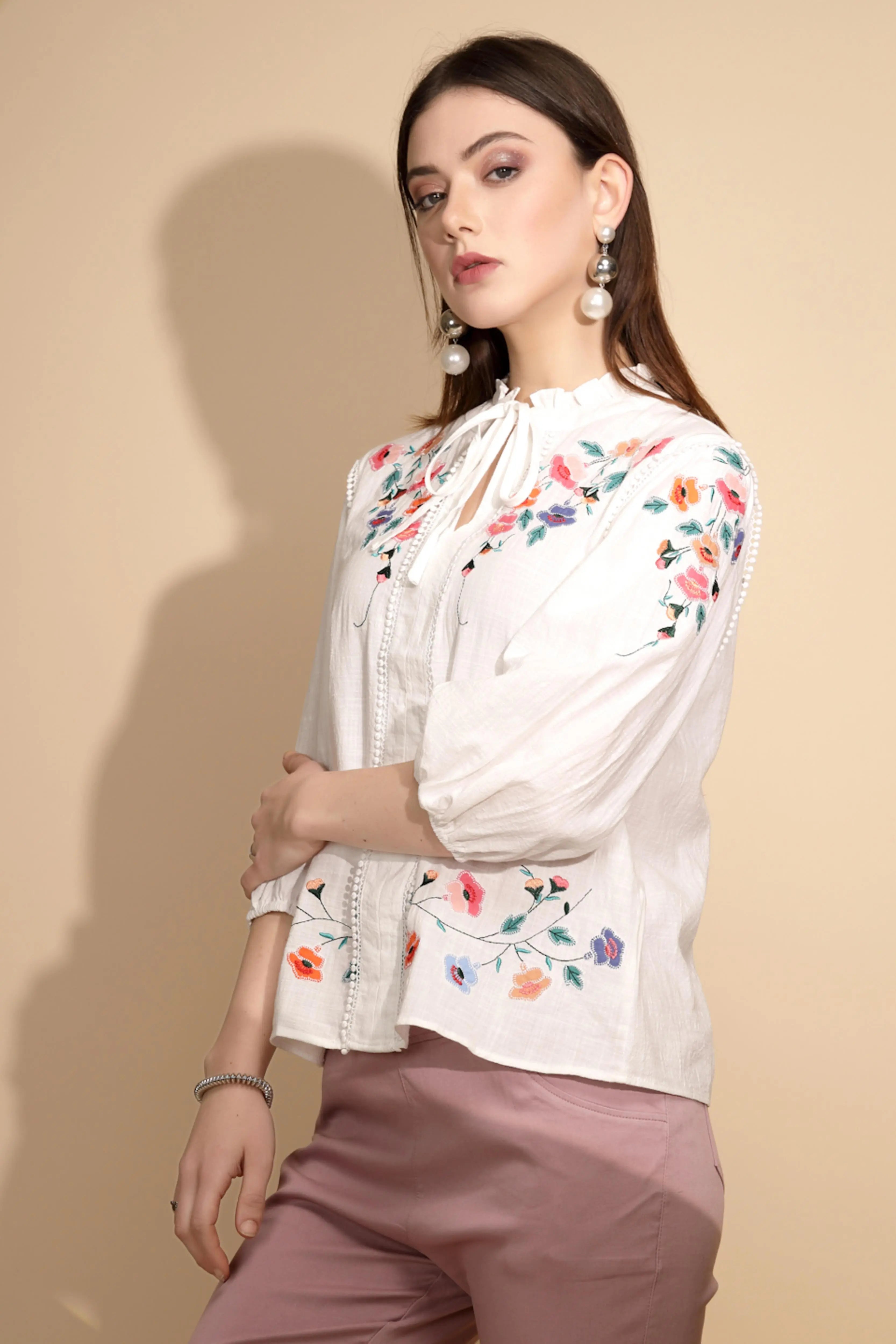 White Floral Embroidered Cotton Top - Global Republic