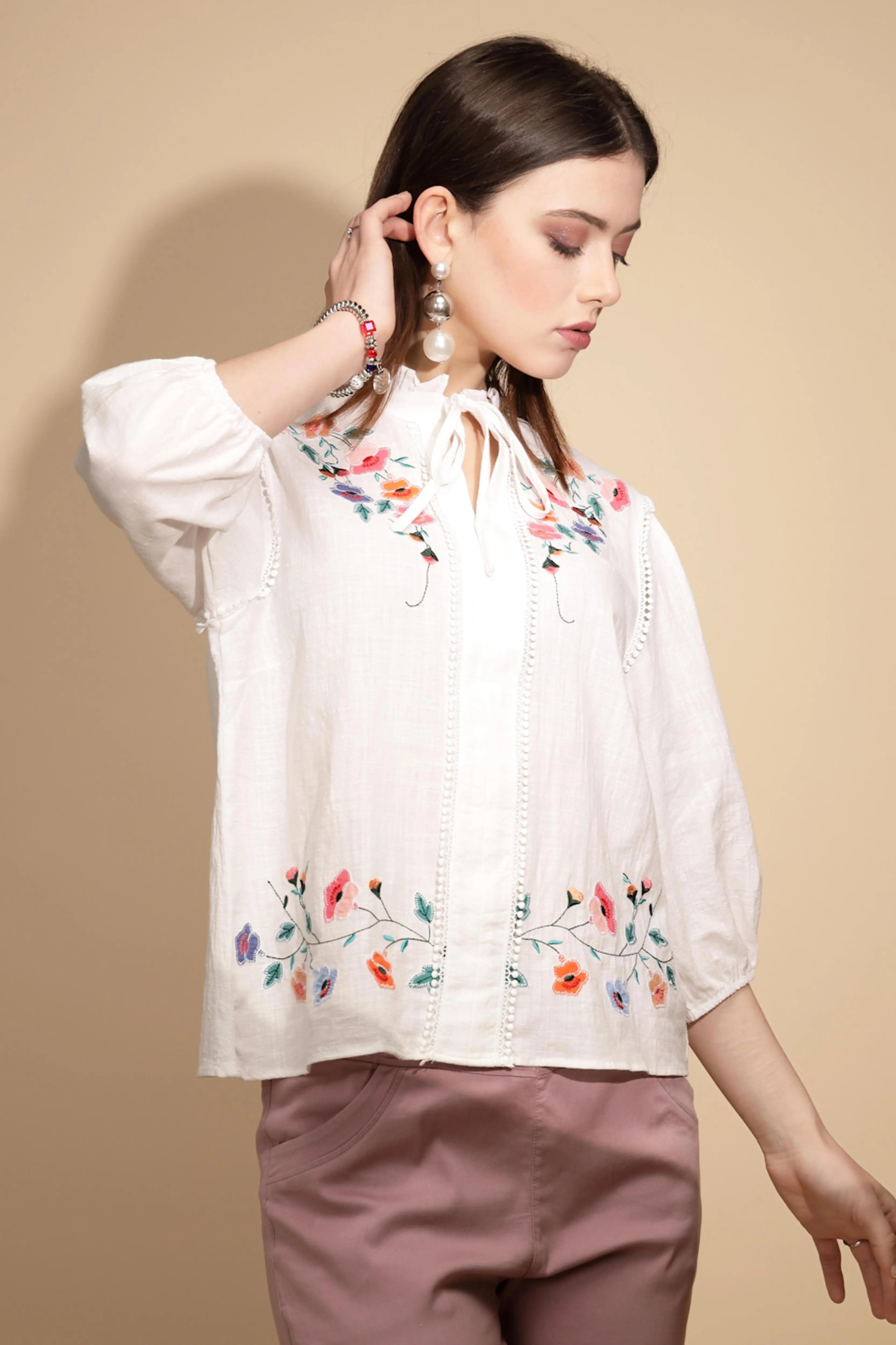 White Floral Embroidered Cotton Top - Global Republic