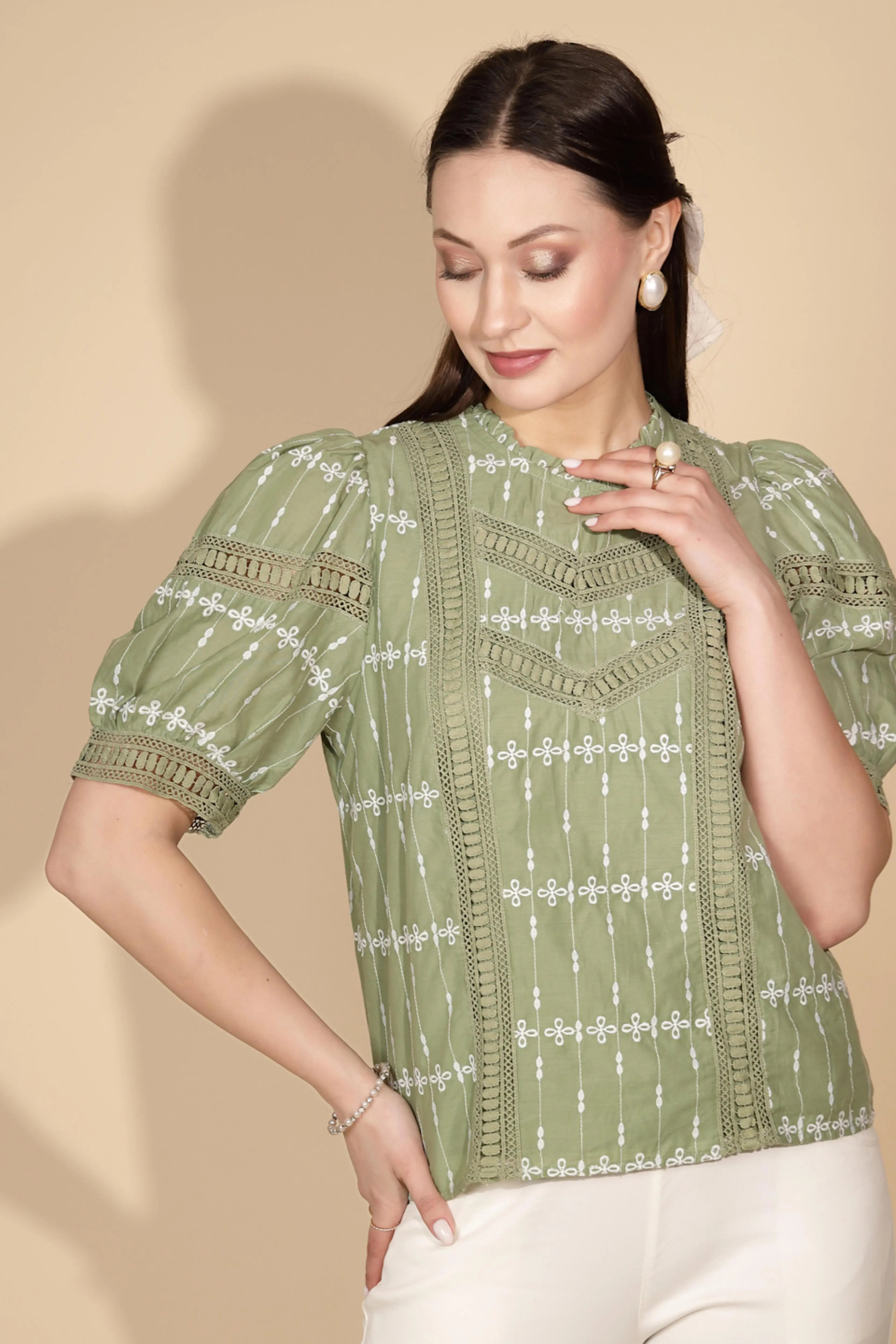 Green Cotton Regular Fit Blouson Top - Global Republic