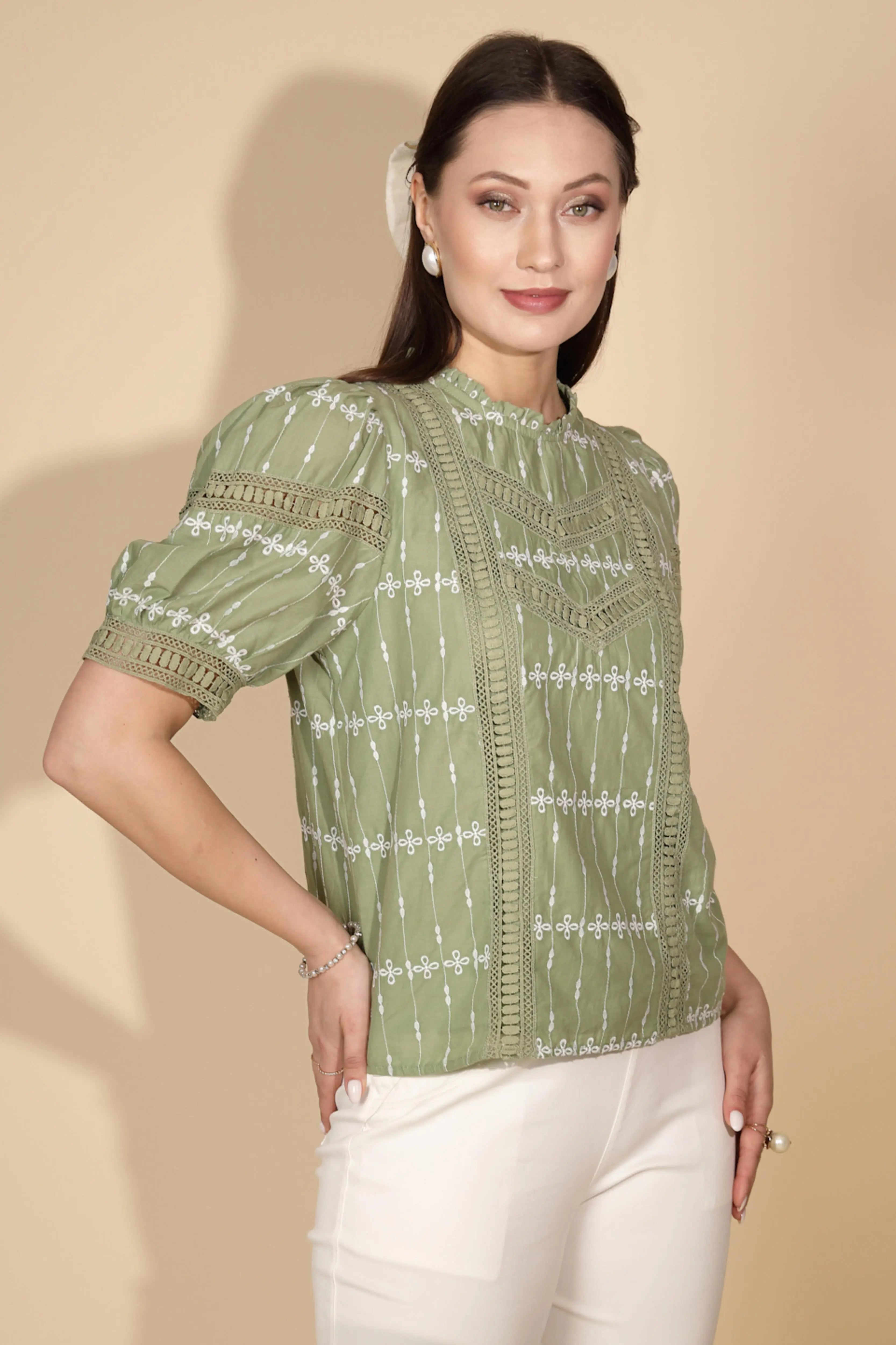 Green Cotton Regular Fit Blouson Top - Global Republic